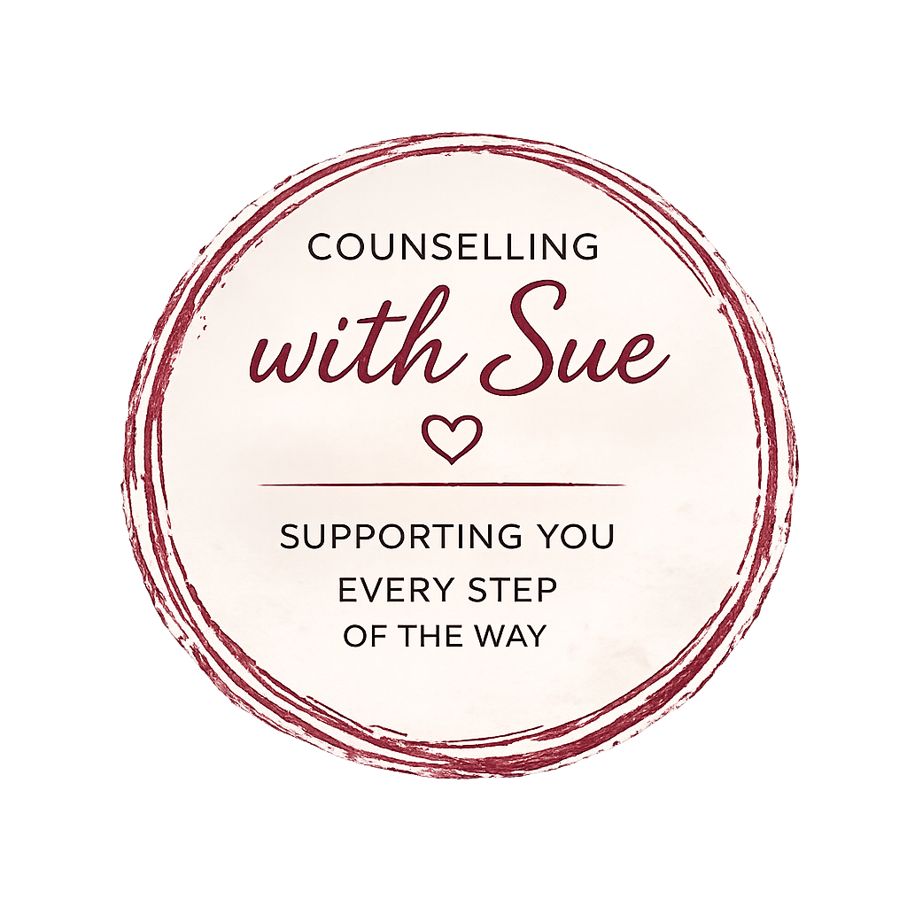 Logo for counselling service "Counselling with Sue" featuring a heart and text about supporting every step of the way.