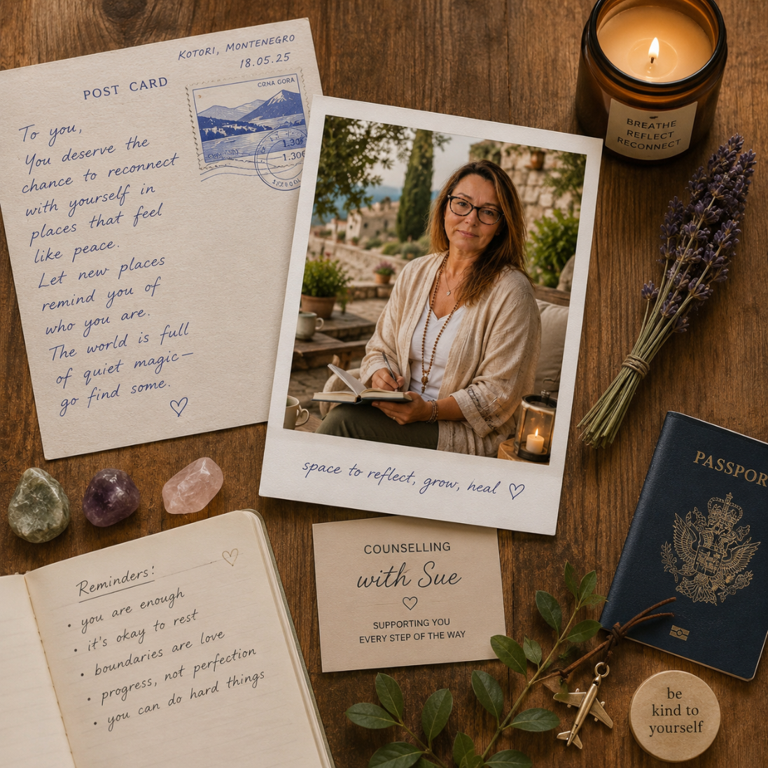 A wooden table with various items including a postcard from Montenegro, a printed photo of a woman with glasses and a notebook, a lit candle, a bunch of lavender, a passport, crystals, and notes with supportive messages and reminders.