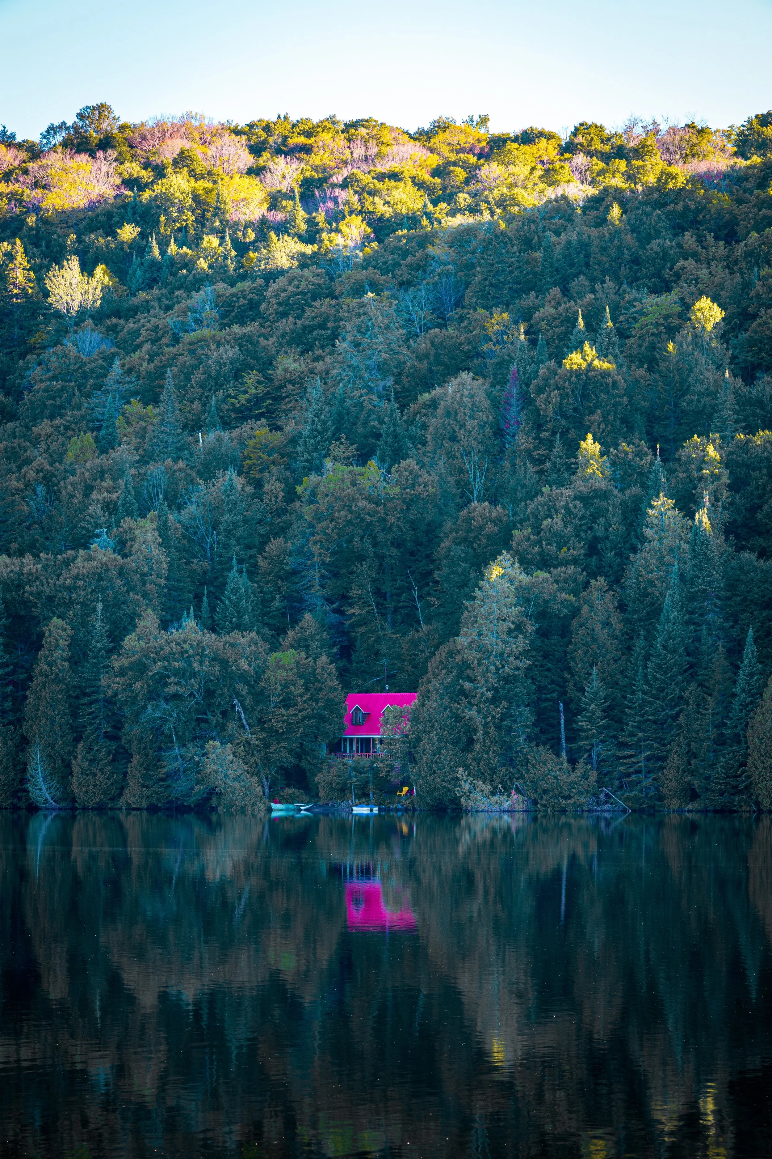 A house with a red roof and pink exterior surrounded by dense green trees near a calm body of water, reflecting the house and trees.