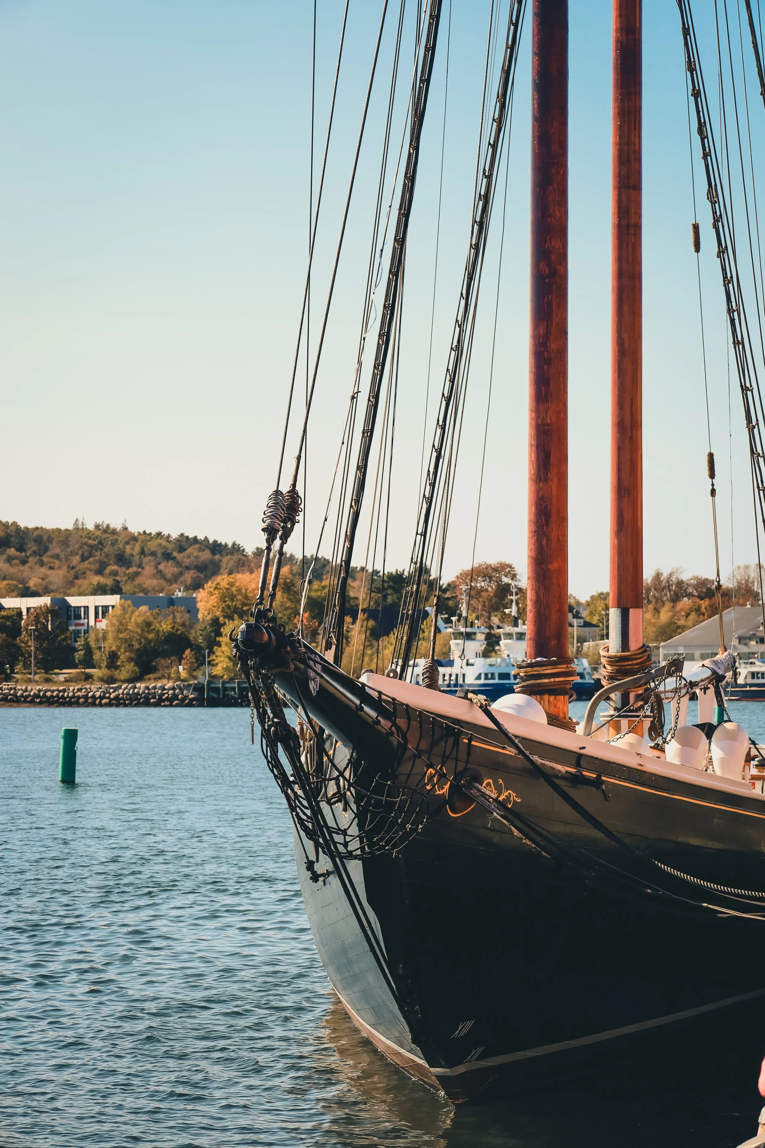 Close-up of a sailing ship docked at a marina with boats and trees in the background.