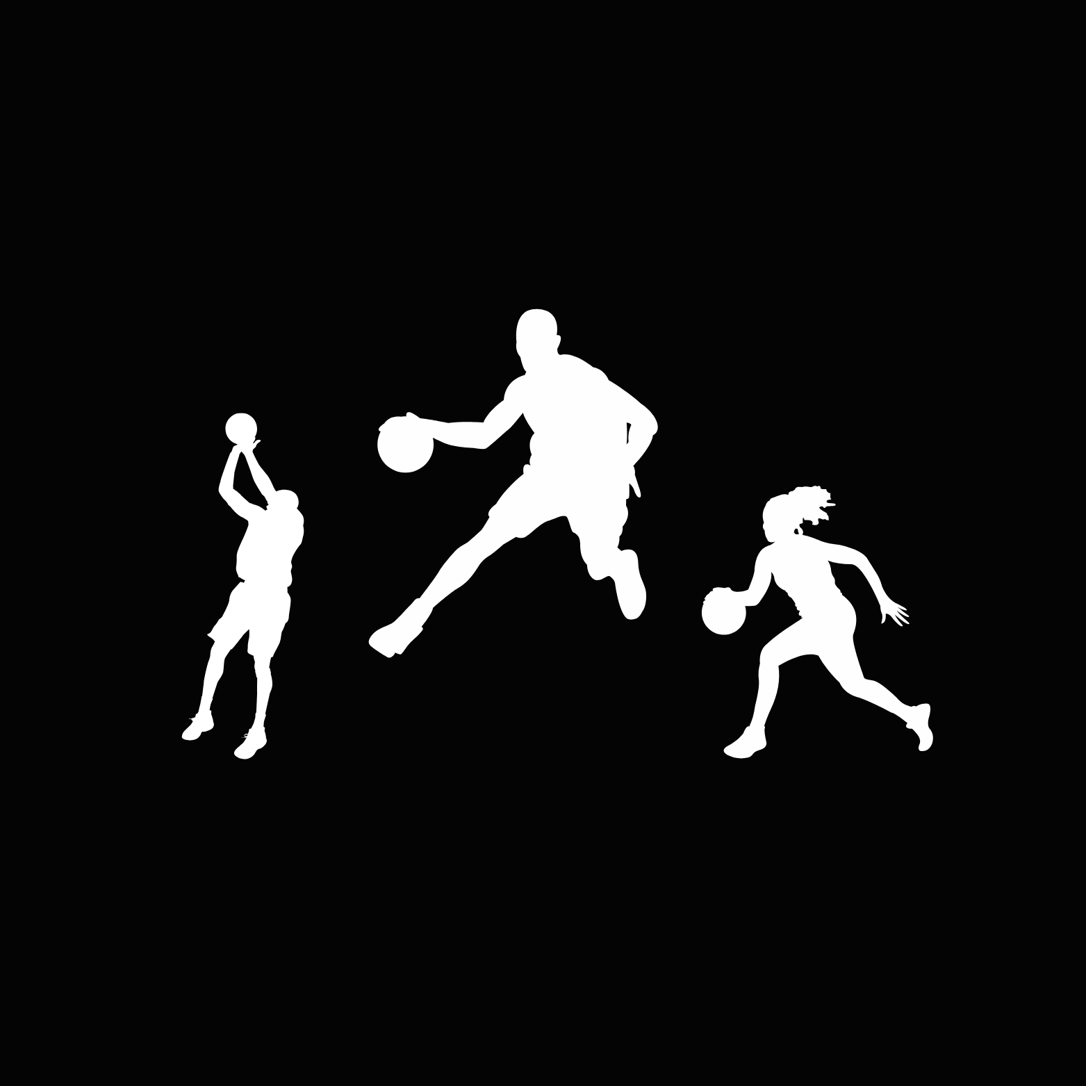 Silhouettes of three children playing basketball on a black background
