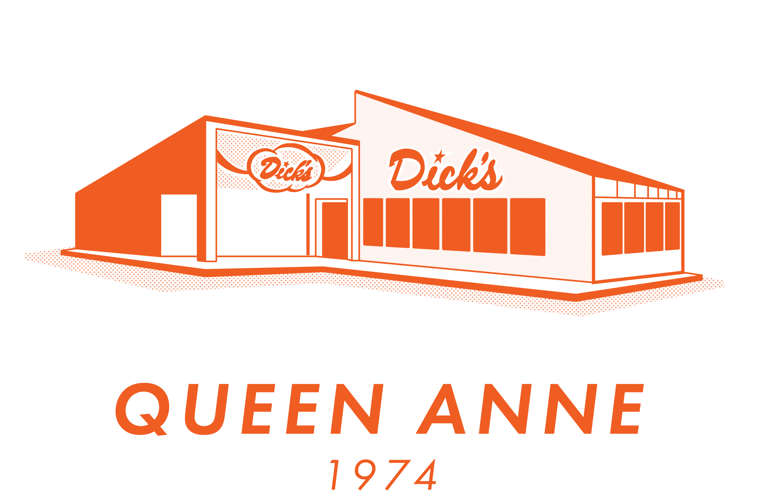 An orange, Illustrated image of the Queen Anne Dick's Drive-In with the text "QUEEN ANNE" and the year "1974" below it.