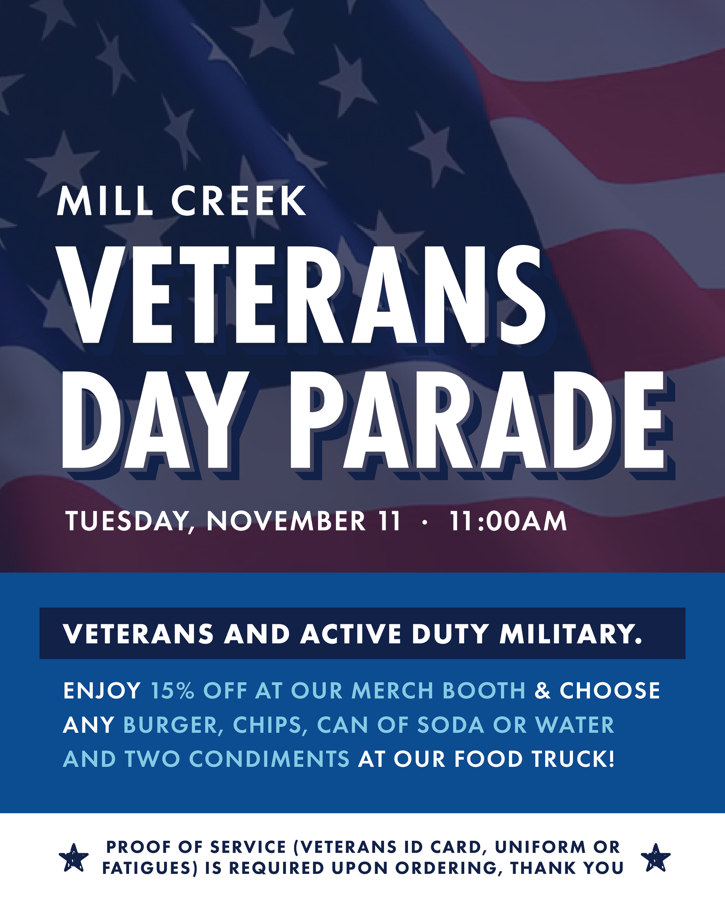 Mill Creek Veterans Day Parade to honor veterans and active duty military.