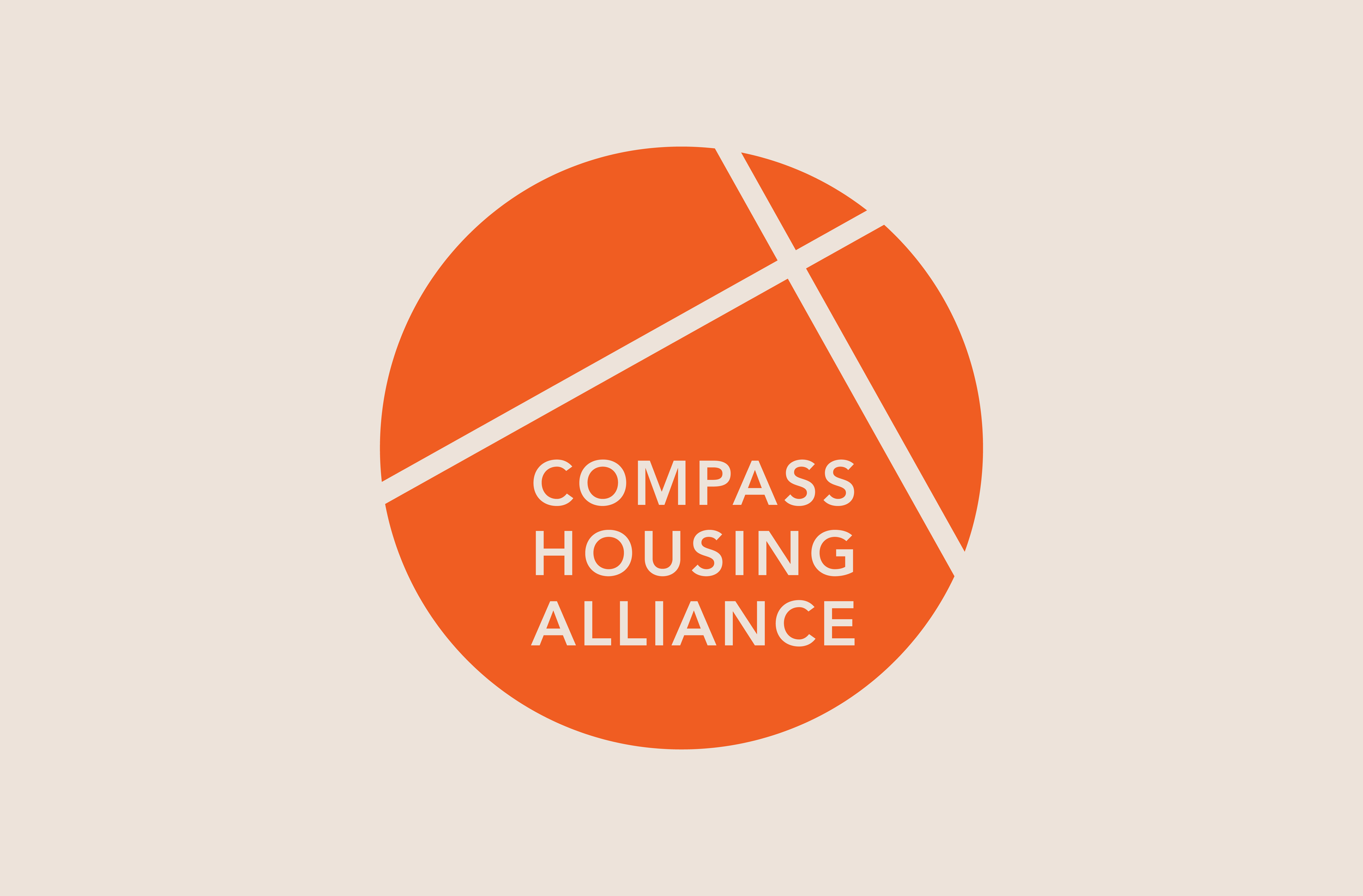 Logo: a round orange circle with the words "COMPASS HOUSING ALLIANCE" written in white, with white lines dividing the circle into sections, on a light beige background.