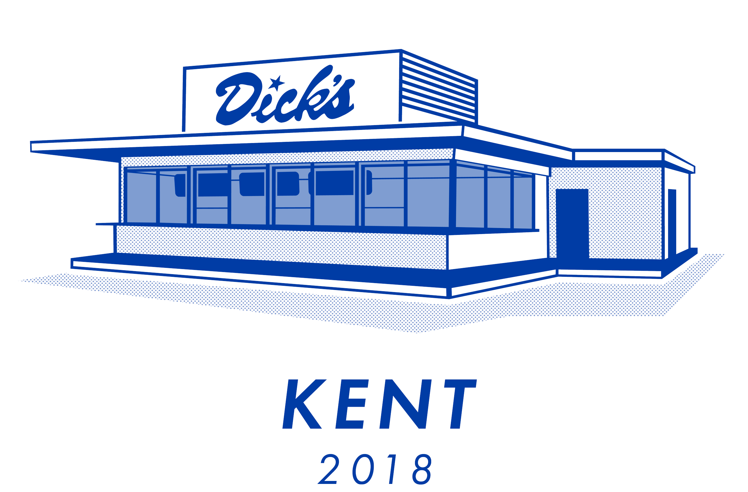 A blue, Illustrated image of the Kent Dick's Drive-In with the text "KENT" and the year "2018" below it.