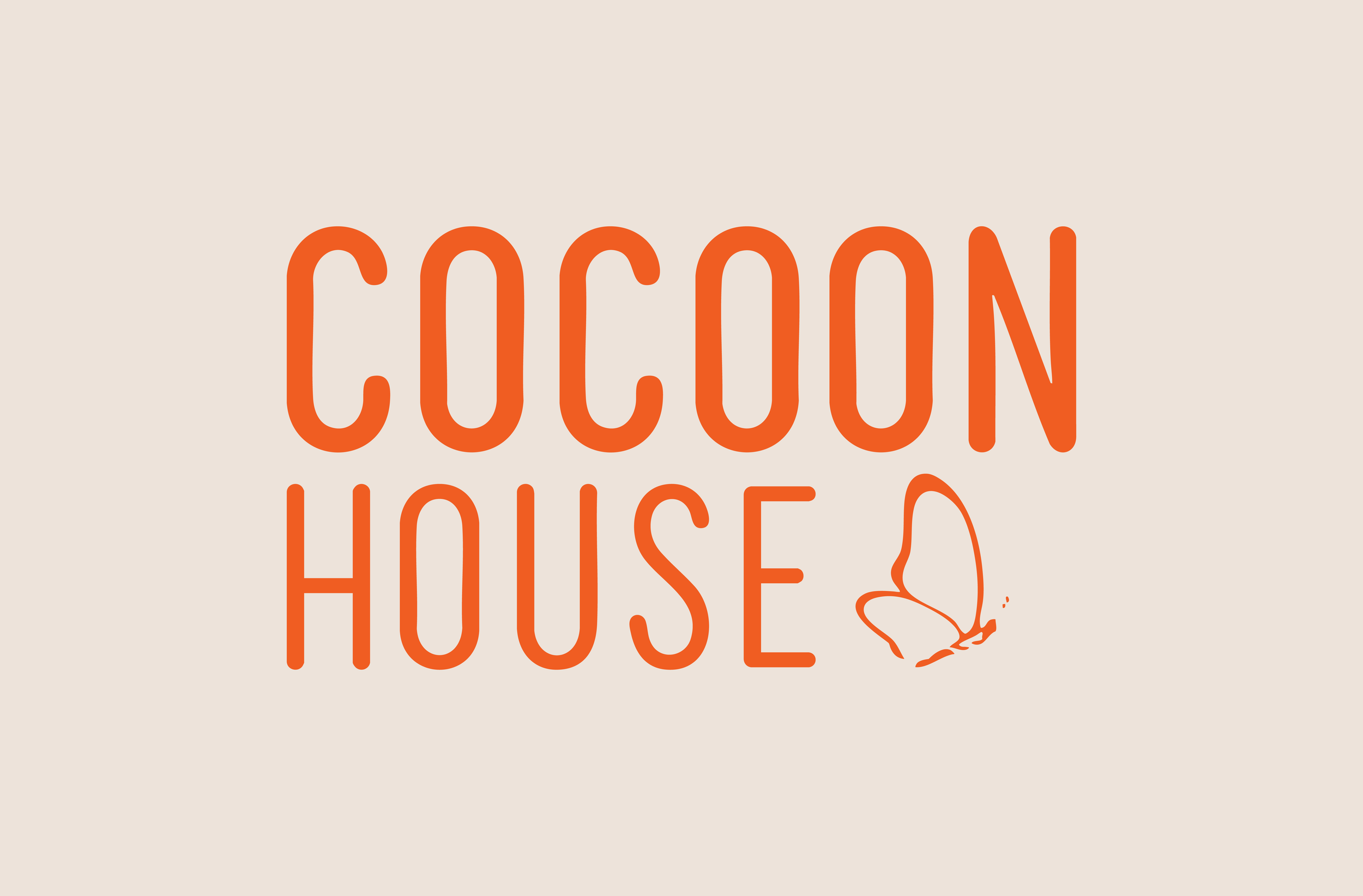 Logo: text in orange that says 'COCOON HOUSE' with a small drawing of a butterfly, on a light beige background.