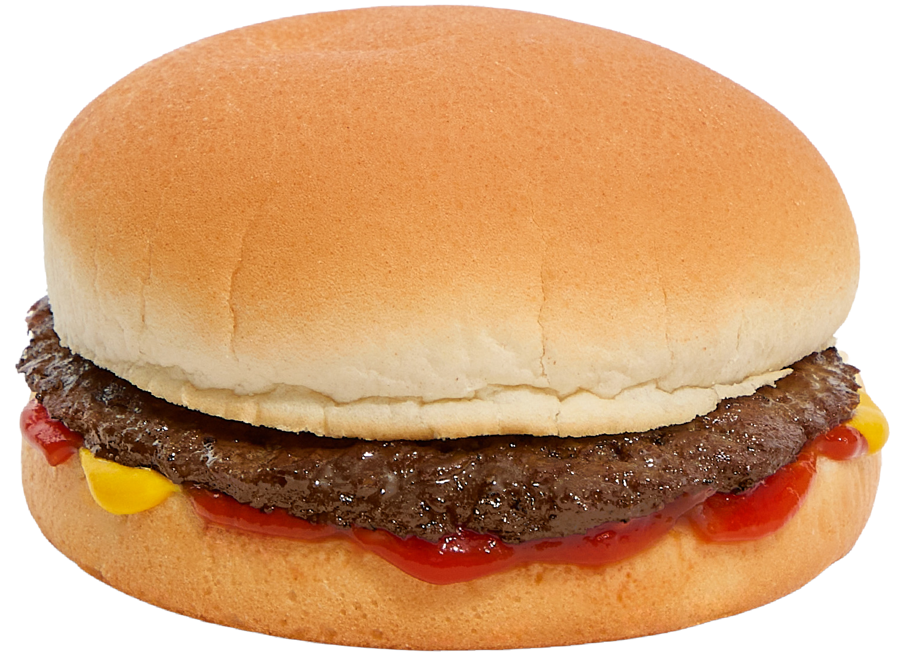 A Dick's Drive-In hamburger with a beef patty, ketchup, mustard, and a bun, on a white background.