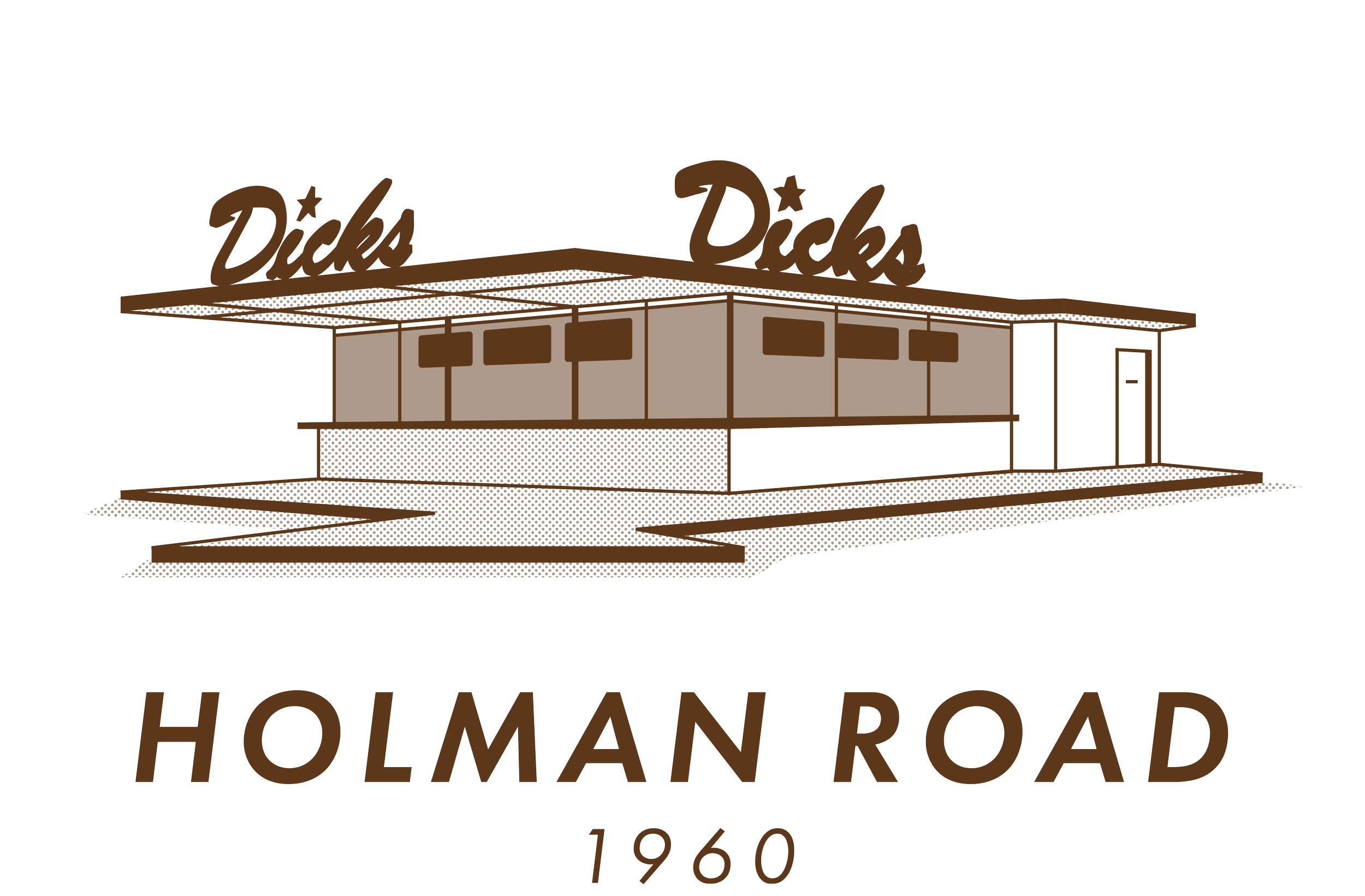 A brown, Illustrated image of the Holman Rd. Dick's Drive-In with the text "HOLMAN ROAD" and the year "1960" below it.