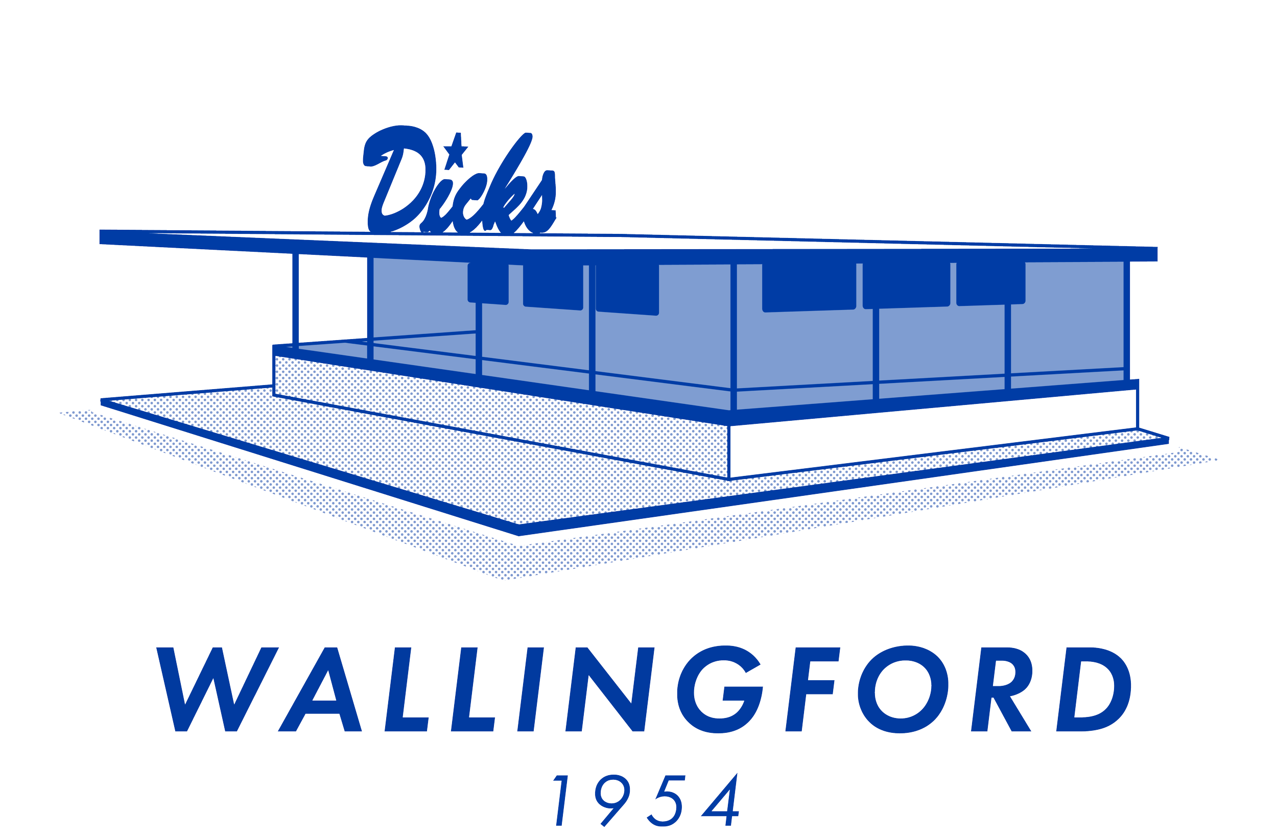 A blue, Illustrated image of the Wallingford Dick's Drive-In with the text "WALLINGFORD" and the year "1954" below it.