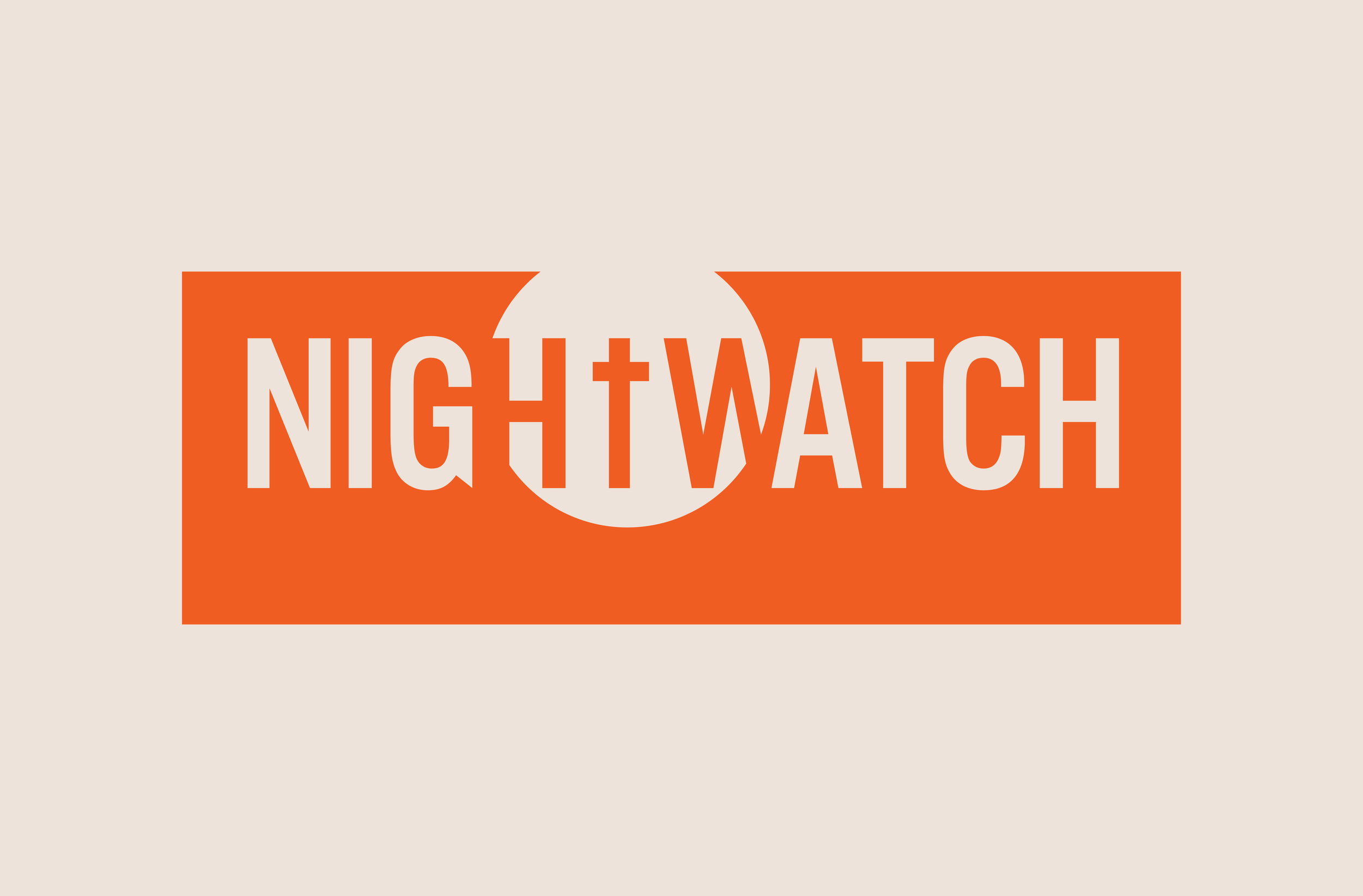 Logo: an opaque orange rectangle with a circle cutout representing the moon, and text that reads 'NIGHtWATCH' that stretches the length of the rectangle changing color from beige to orange and back to beige text, on a light beige background.