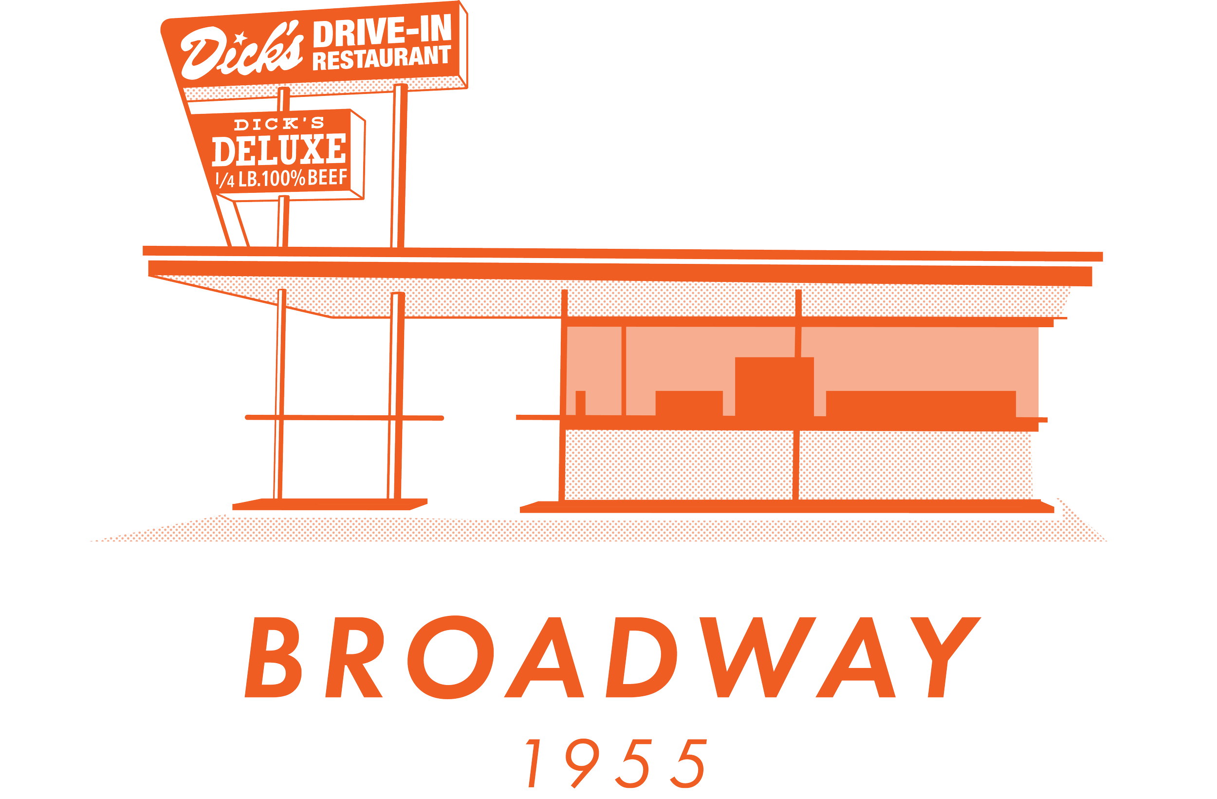 An orange, Illustrated image of the Broadway Dick's Drive-In with the 'Dick's Deluxe 1/4 lb 100% Beef' sign and the text "BROADWAY" and the year "1955" below it.