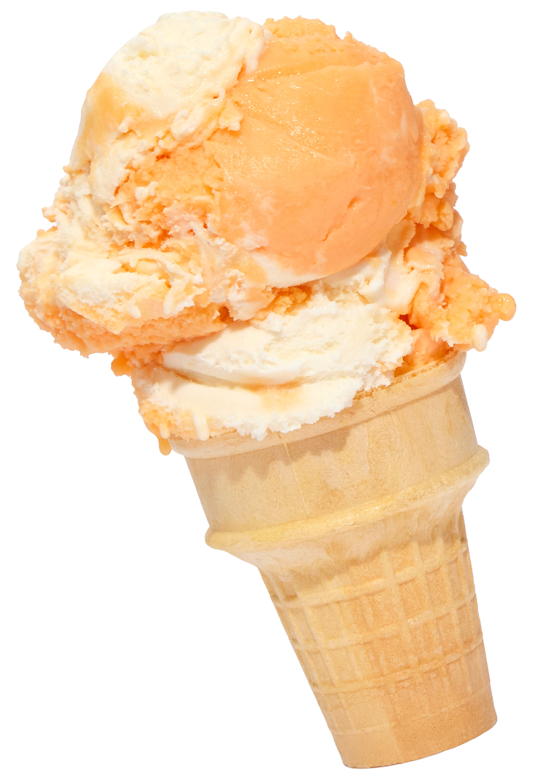 A double-scoop of orange- and vanilla-flavored ice cream on a cake cone.