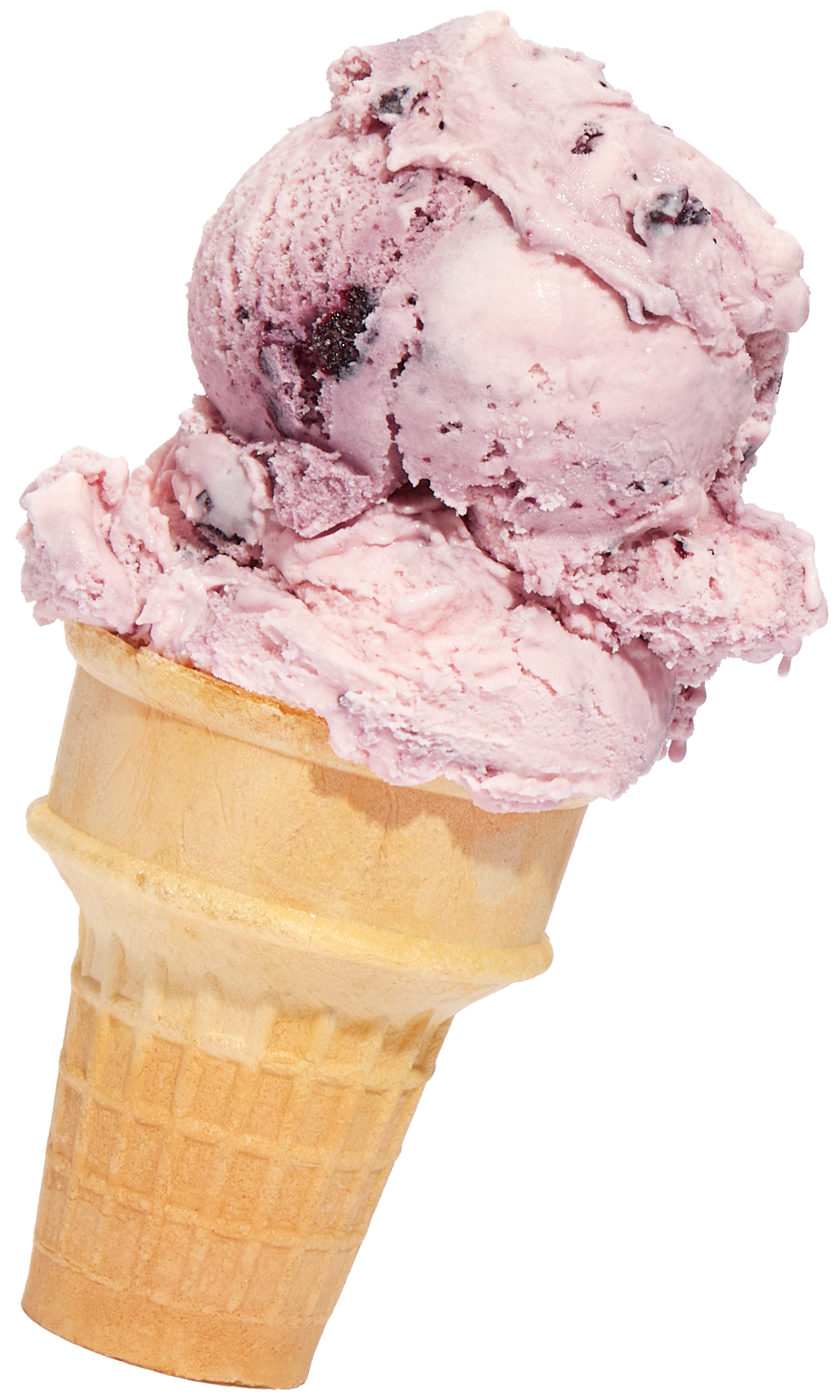 A double-scoop of huckleberry-flavored ice cream on a cake cone.