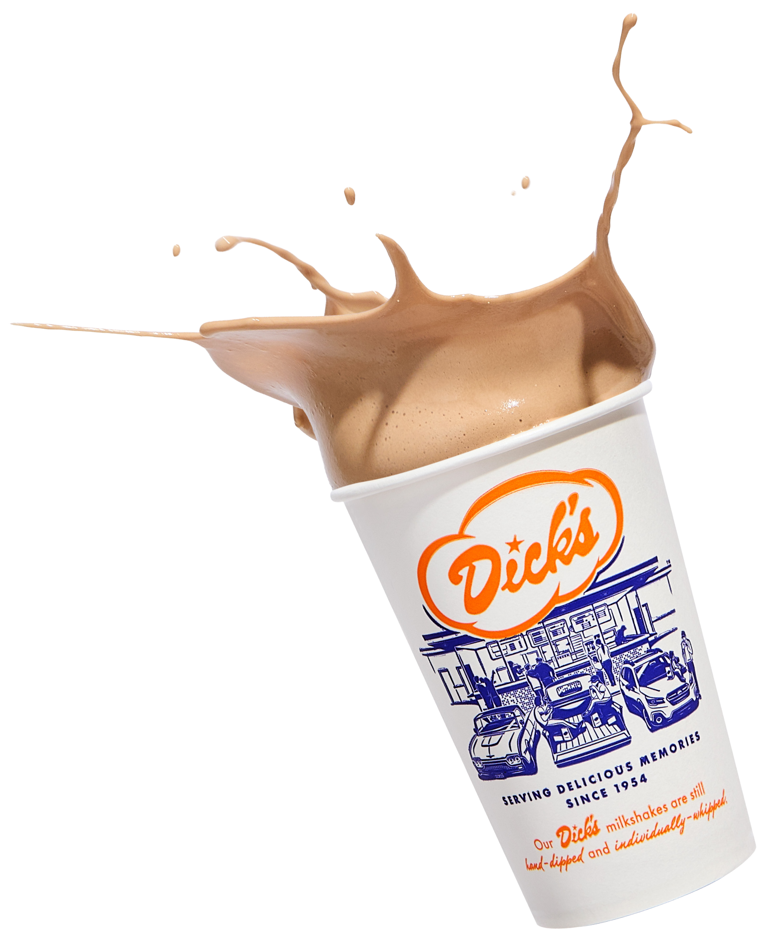 A Dick's Drive-In chocolate milkshake splashing out of the cup featuring the classic cloud "Dick's" logo with illustrations of cars in front of the Drive-In building.