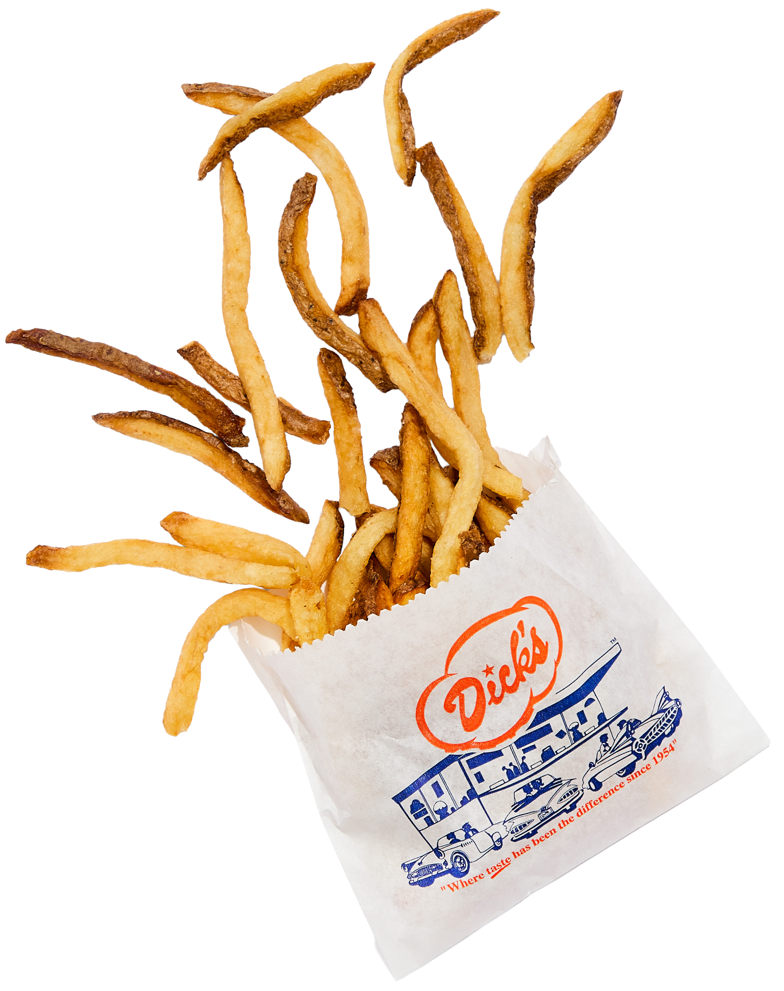 A paper diner bag of Dick's Drive-In fries featuring the classic cloud "Dick's" logo with illustrations of cars in front of the Drive-In building.