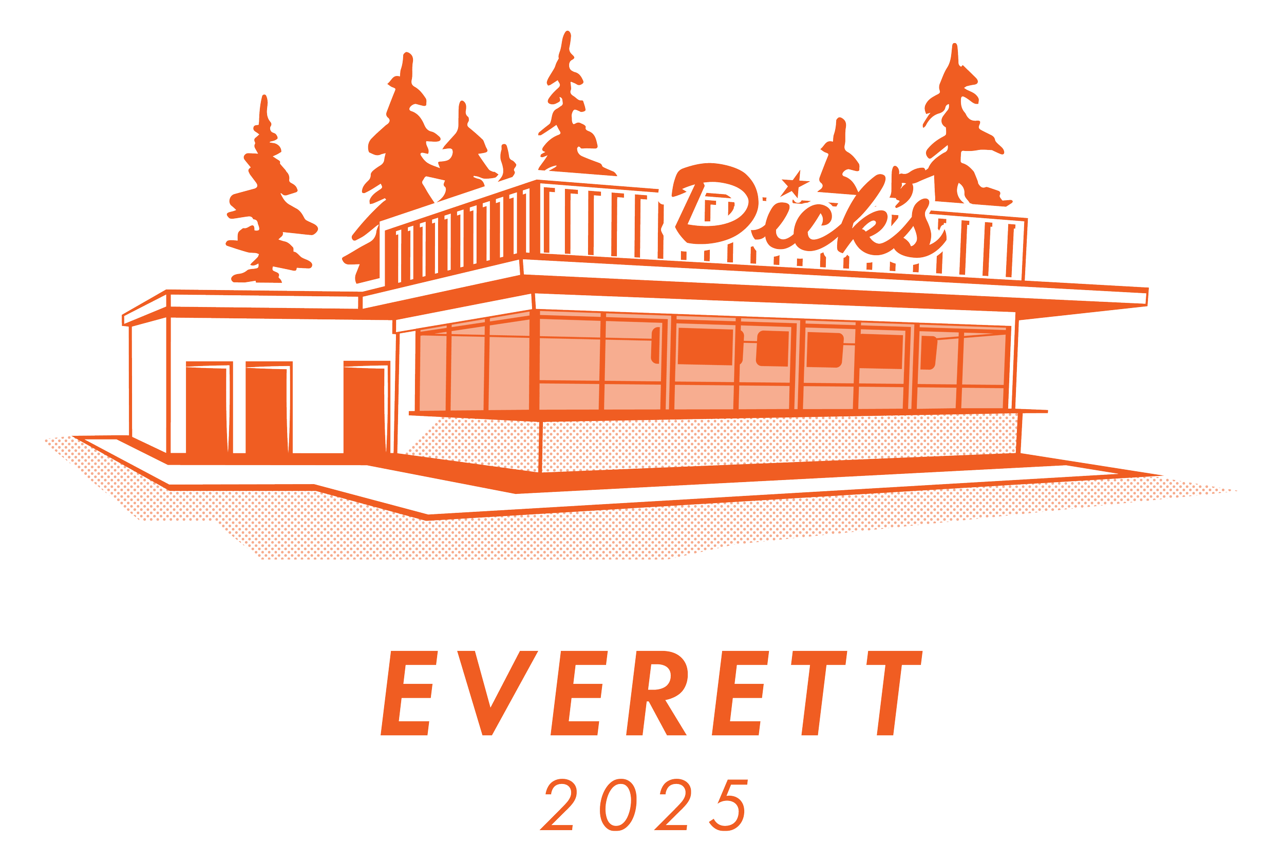 An orange, Illustrated image of the Everett Dick's Drive-In with fir trees behind it, and the text "EVERETT" and the year "2025" below it.