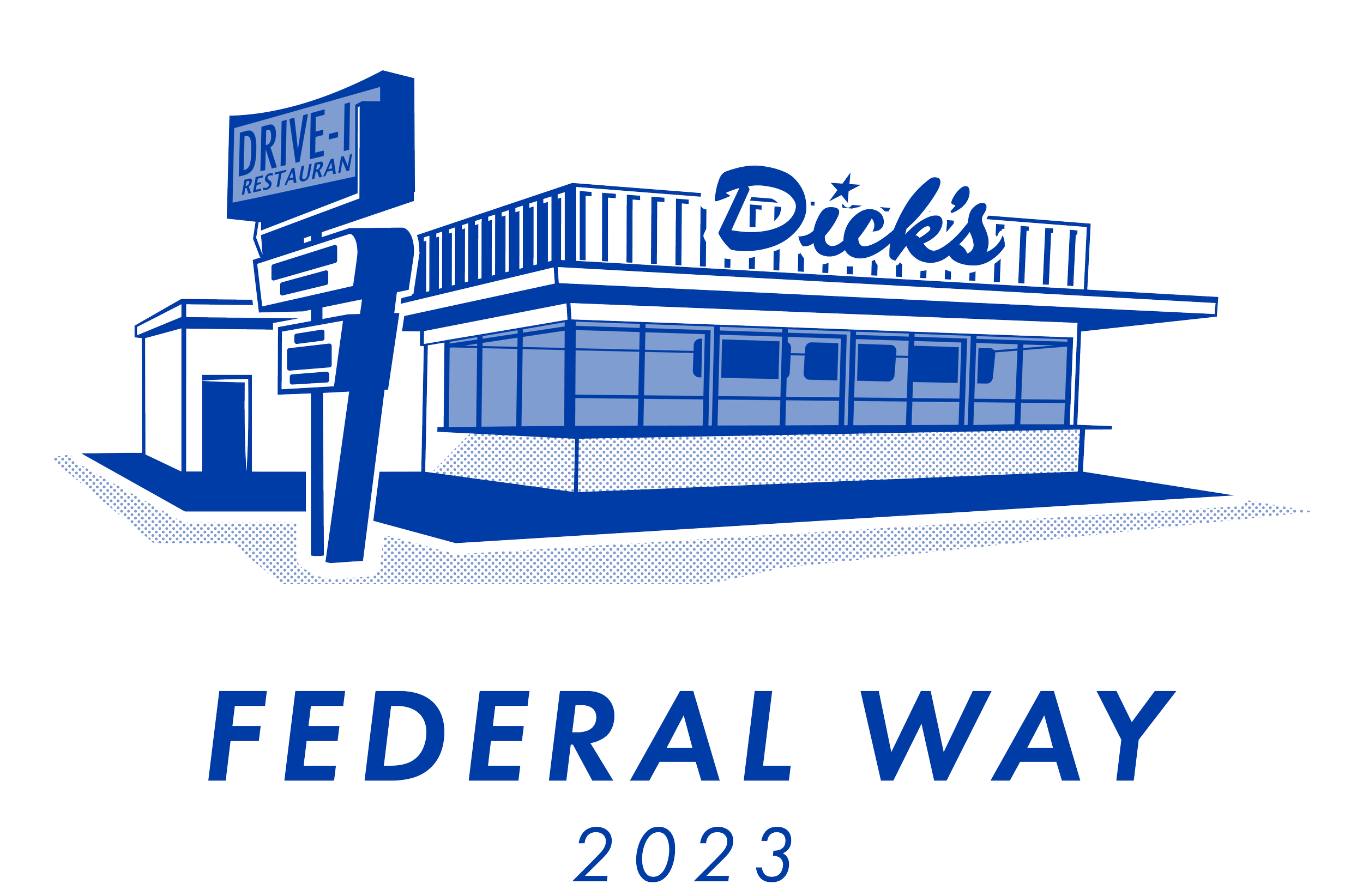 A blue, Illustrated image of the Federal Way Dick's Drive-In with the text "FEDERAL WAY" and the year "2023" below it.