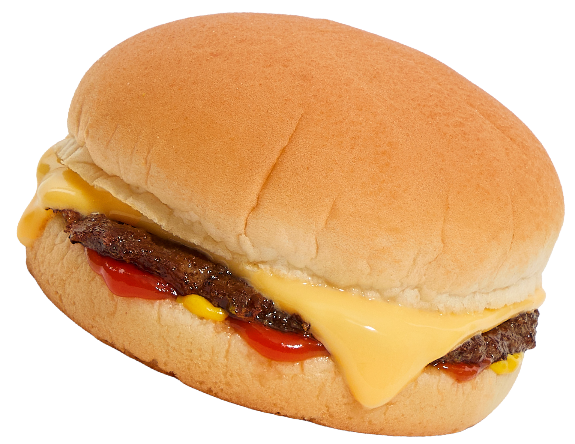 A Dick's Drive-In cheeseburger with with a beef patty, ketchup, mustard, melted cheese, and a bun, on a white background.
