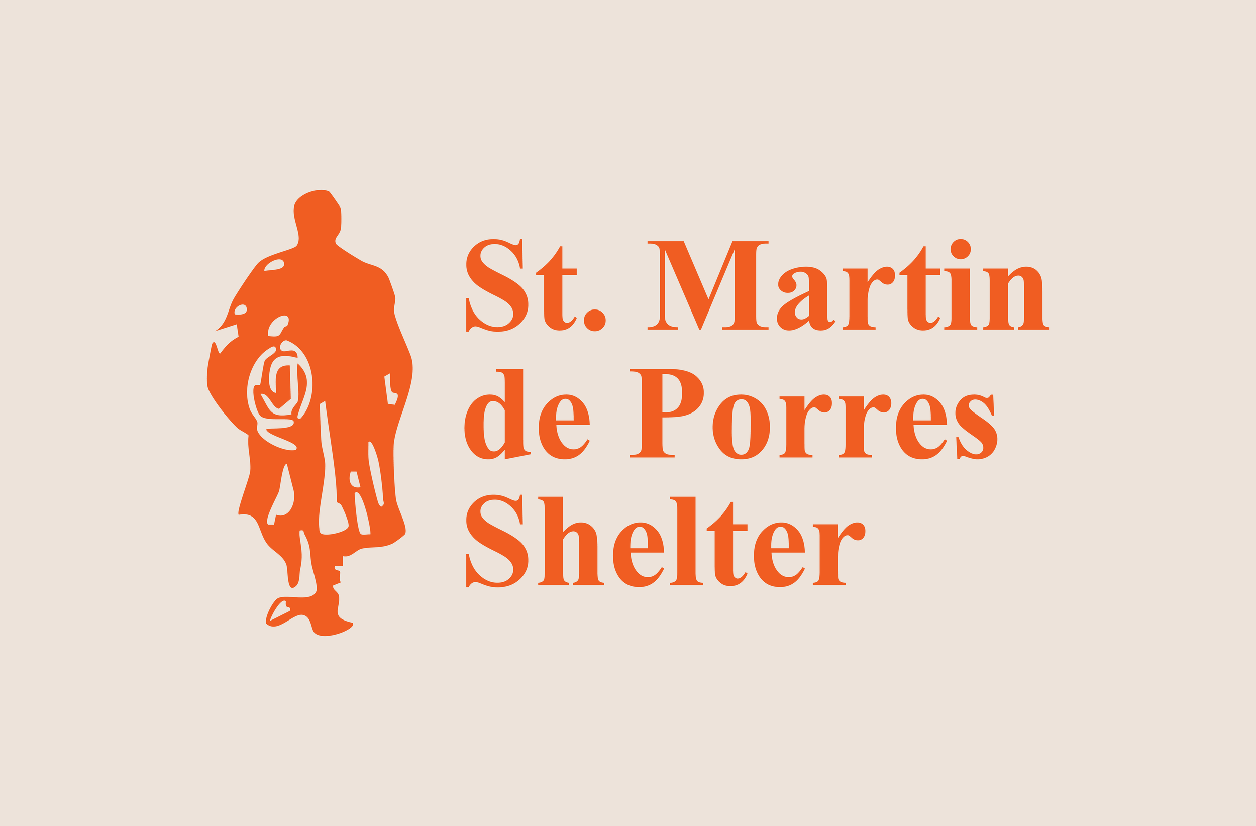Logo: Orange silhouette of St. Martin de Porres (patron saint of social justice, public health, and more) with orange text says 'St. Martin de Porres Shelter' written beside it, on a light beige background.