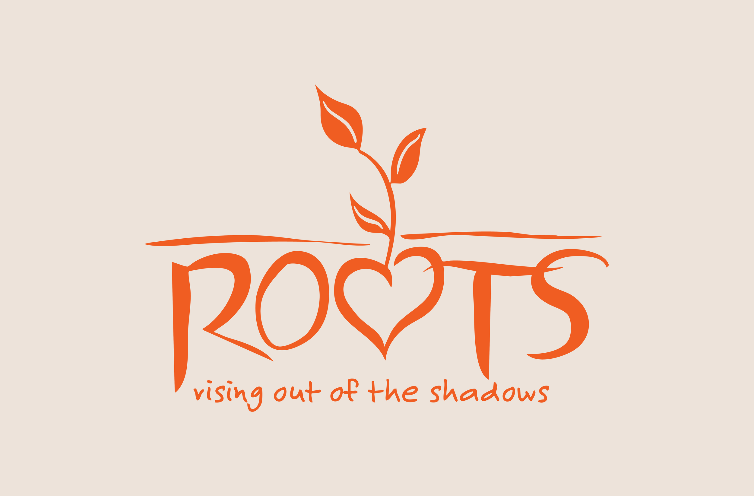 Logo: orange stylized text that says 'ROOTS' with the second 'O' drawn as a heart with a plant growing out of it, and the phrase 'rising out of the shadows' below, on a light beige background.