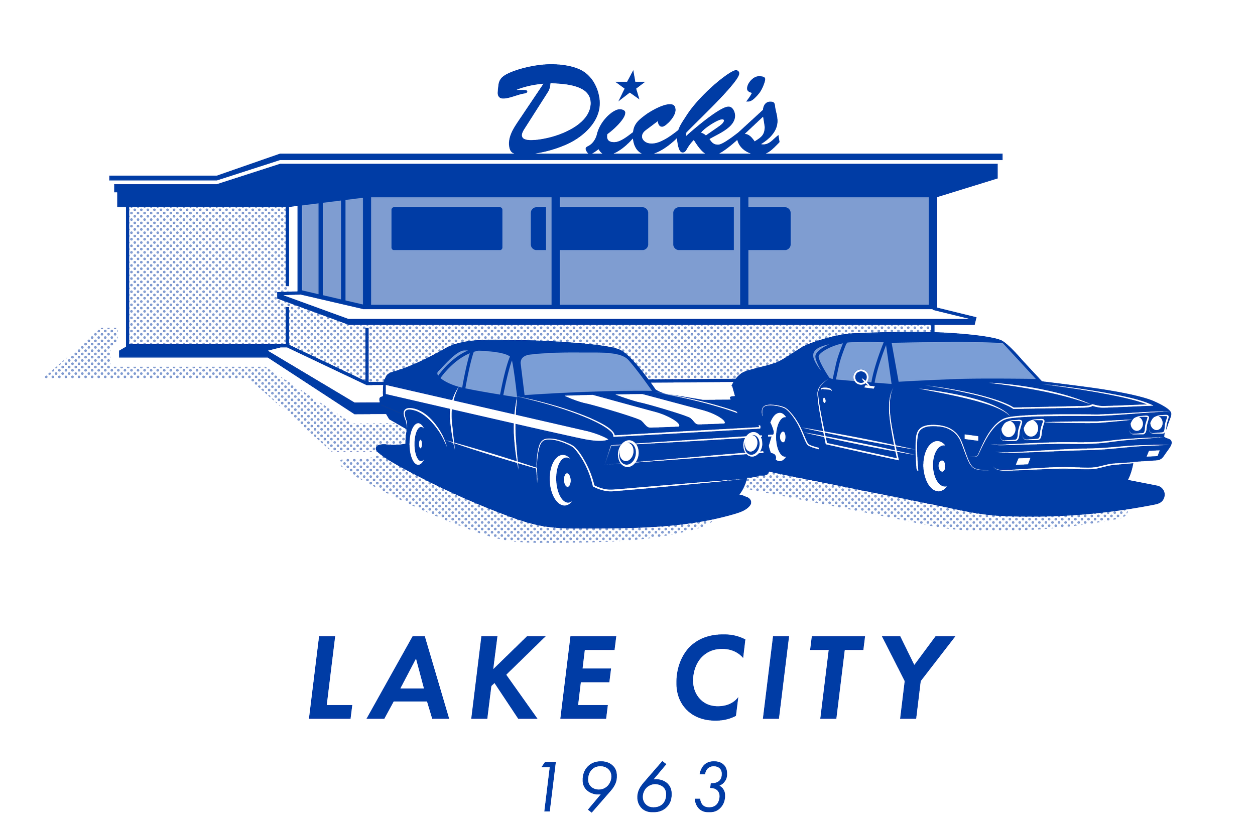A blue, Illustrated image of the Lake City Dick's Drive-In with two classic cars parked in front and the text "LAKE CITY" and the year "1963" below it.