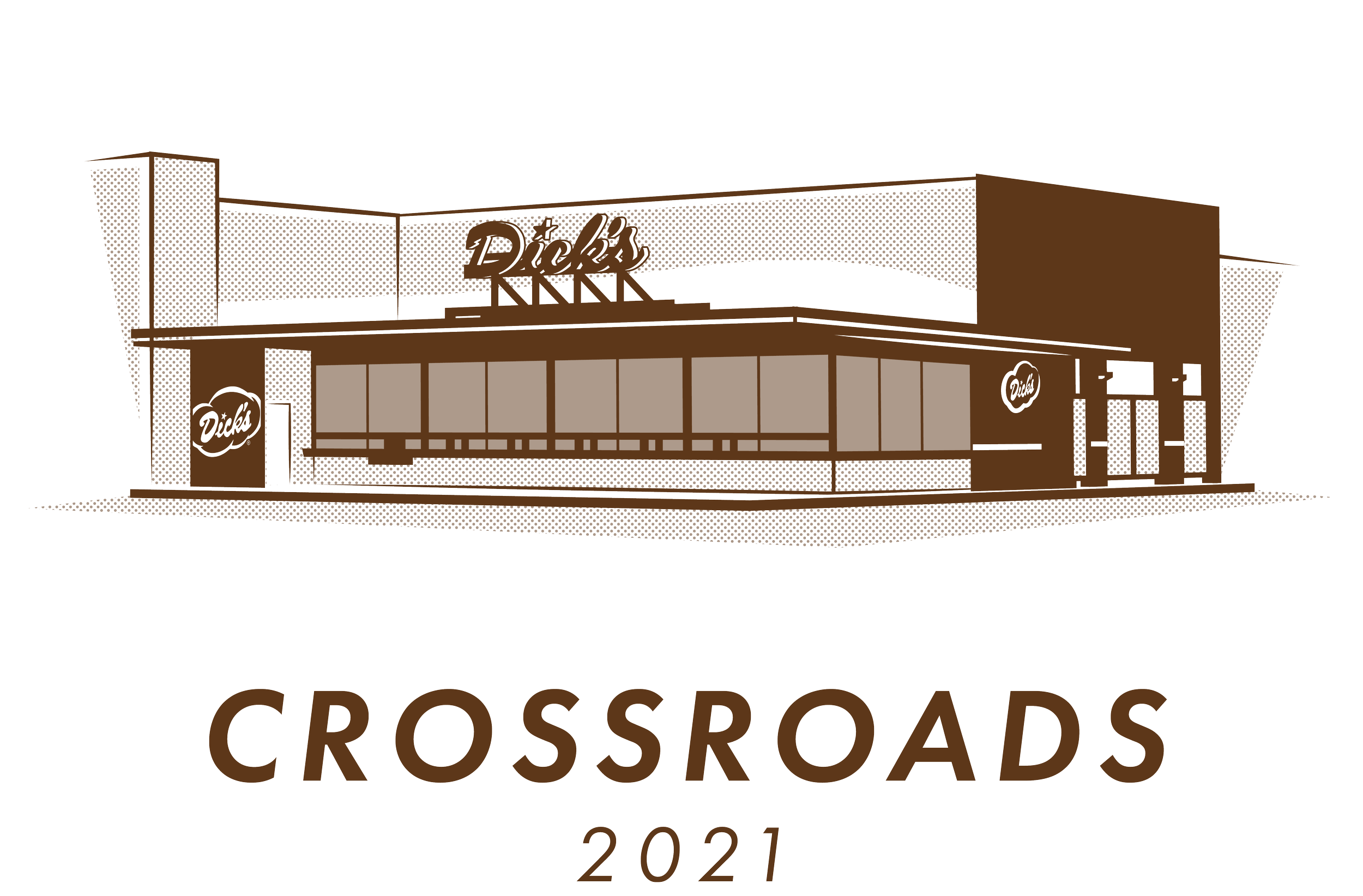 A brown, Illustrated image of the Crossroads Dick's Drive-In with the text "CROSSROADS" and the year "2021" below it.