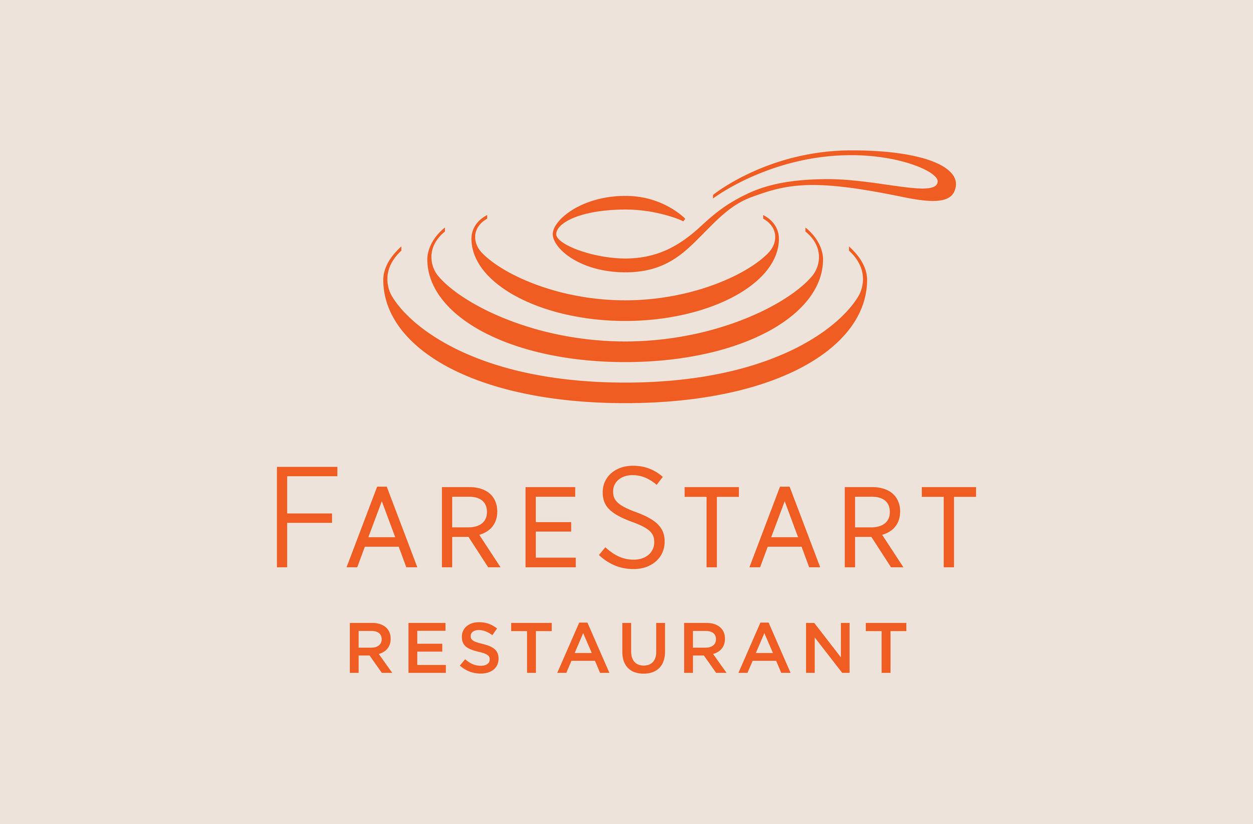 Logo: an orange stylized spoon and concentric circles beneath it looking like stacked bowls with the text 'FARESTART RESTAURANT' in orange, on a light beige background.