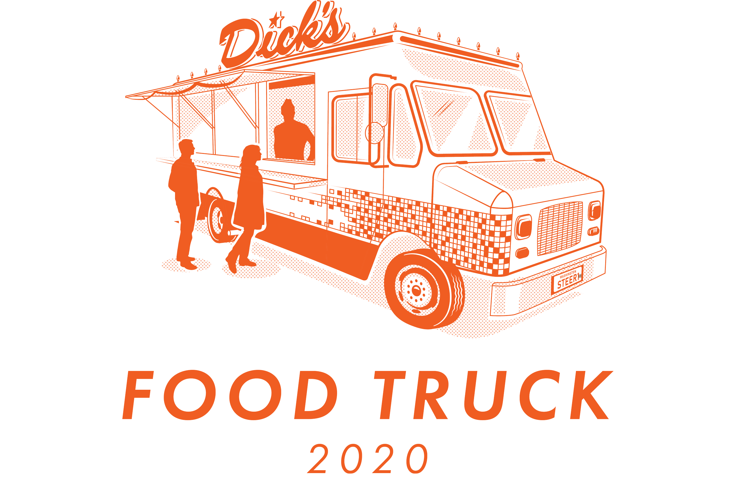 An orange, Illustrated image of the Dick's Drive-In Food Truck with the silhouettes of a person inside the truck and two people standing outside in line. With it is the text "FOOD TRUCK" and the year "2020" below it.