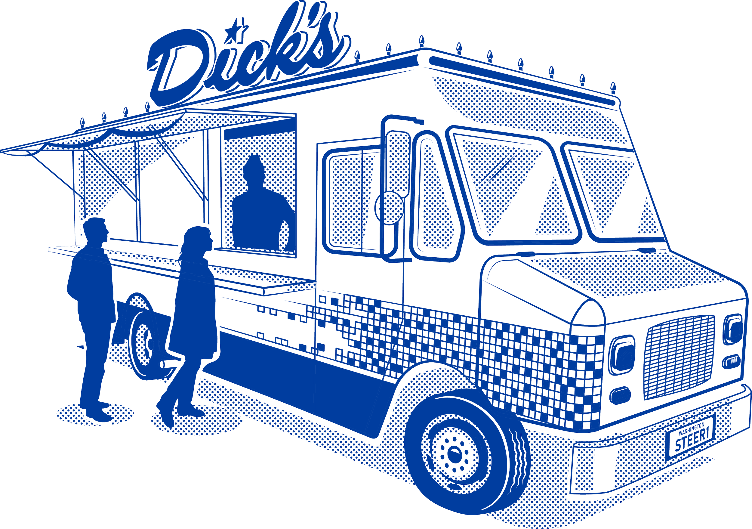 Illustration of the Dick's Drive-In food truck with the classic rooftop neon sign that reads 'Dick's'. The truck has a glass display window with a person inside and two people standing outside.
