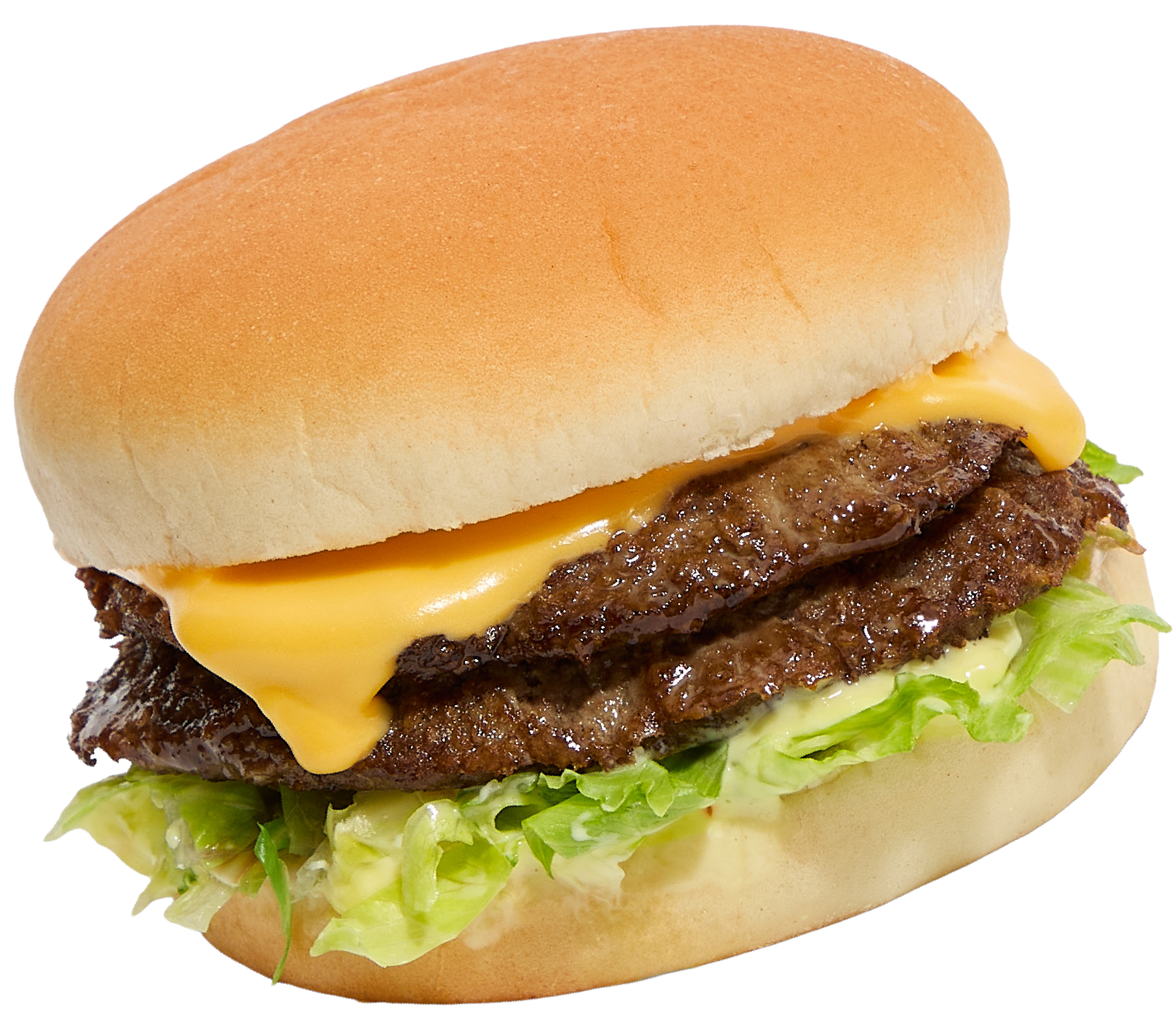 A Dick's Drive-In Deluxe burger with two beef patties, melted cheese, lettuce, sauce, and a bun, on a white background.
