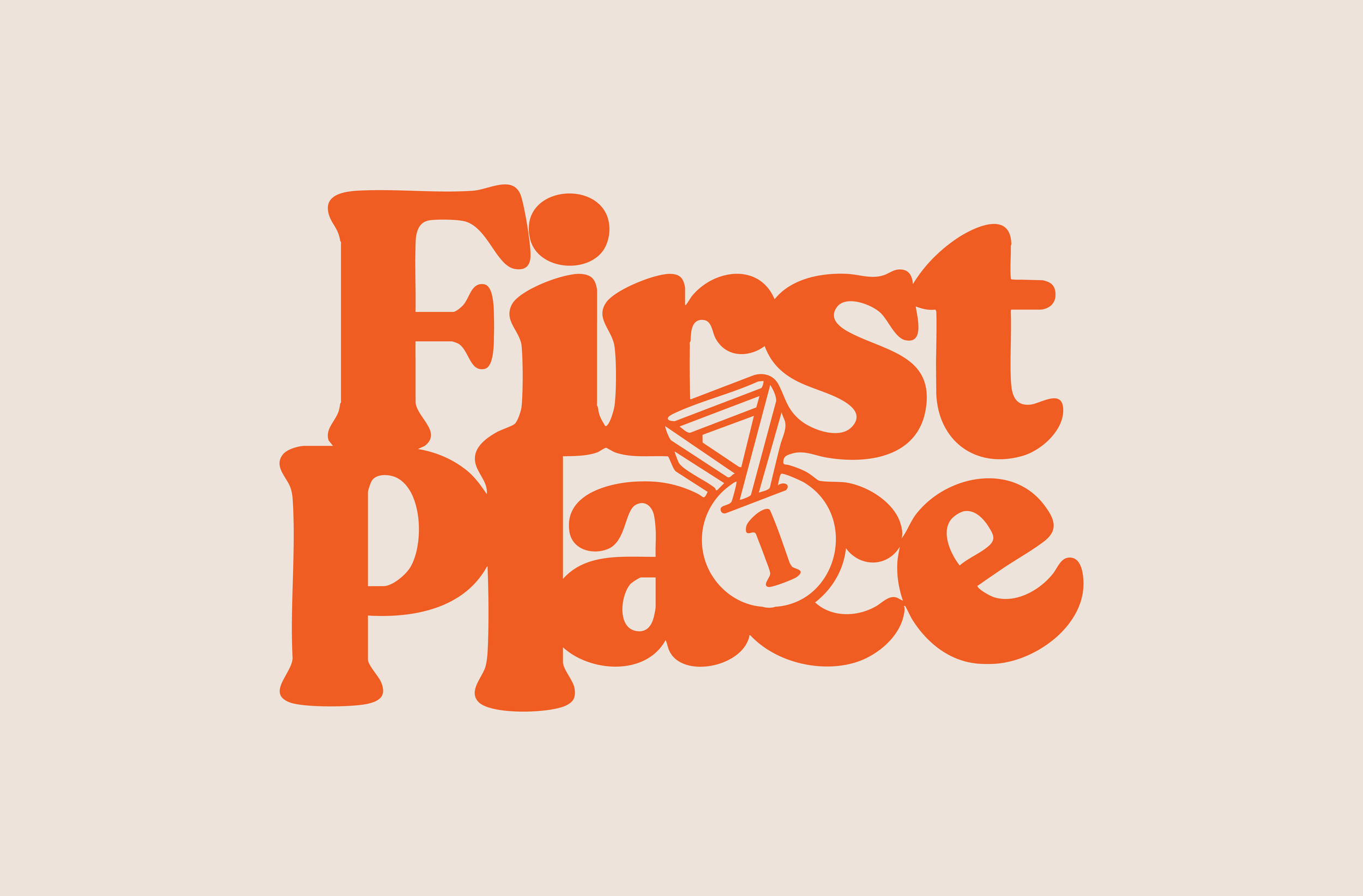 Logo: bold text in orange that says 'First Place', featuring a small illustration of a medallion with the number one inside it, on a light beige background.