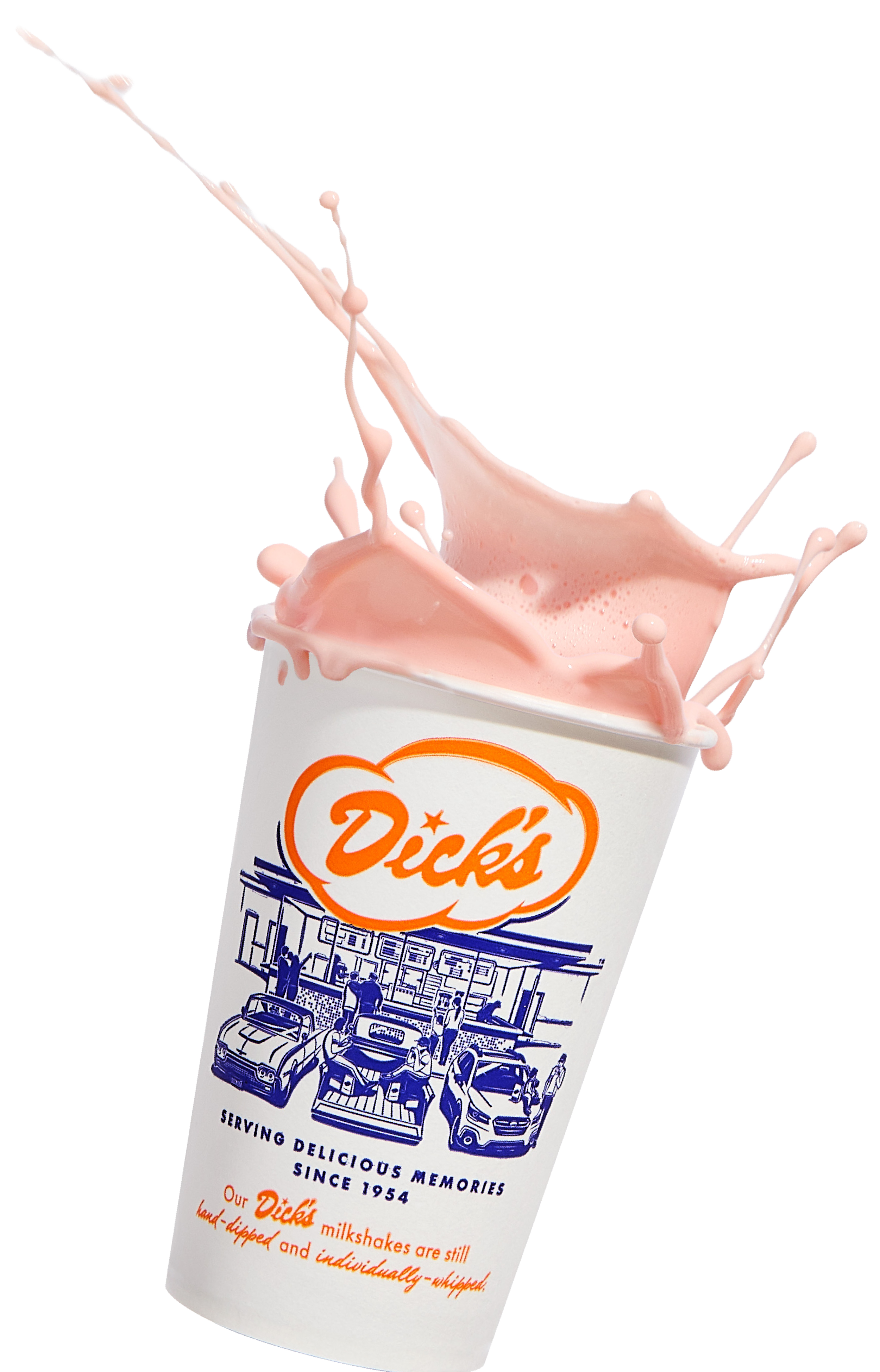 A Dick's Drive-In strawberry milkshake splashing out of the cup featuring the classic cloud "Dick's" logo with illustrations of cars in front of the Drive-In building.