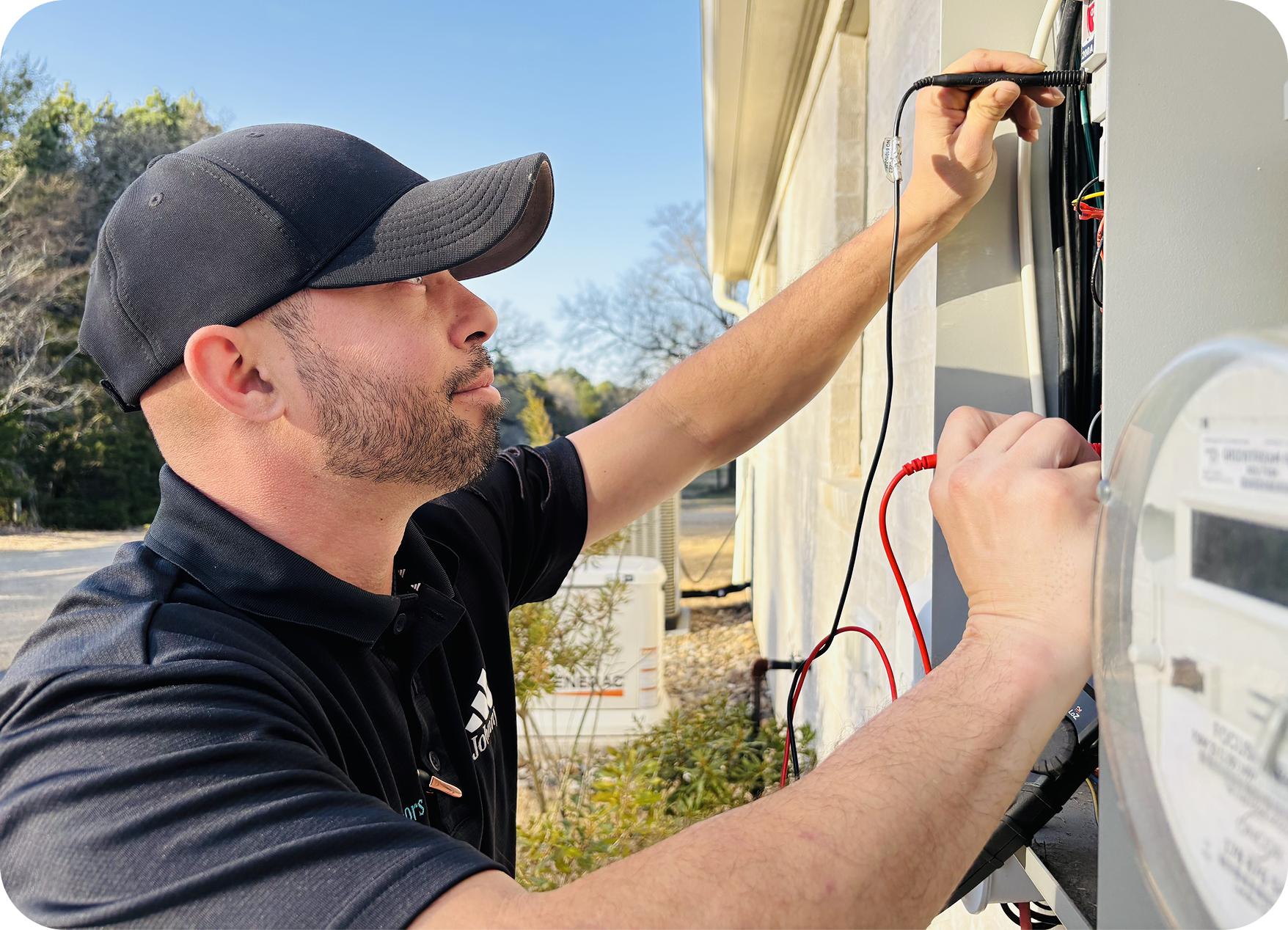 Professional technician servicing residential standby generator for reliable backup power