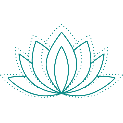 Illustration einer stilisierten blühenden Lotusblume mit Linien und Punkten, auf schwarzem Hintergrund.