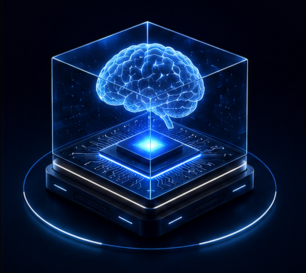 Glowing digital brain suspended above a foundation-model platform within a persistent-state architecture.