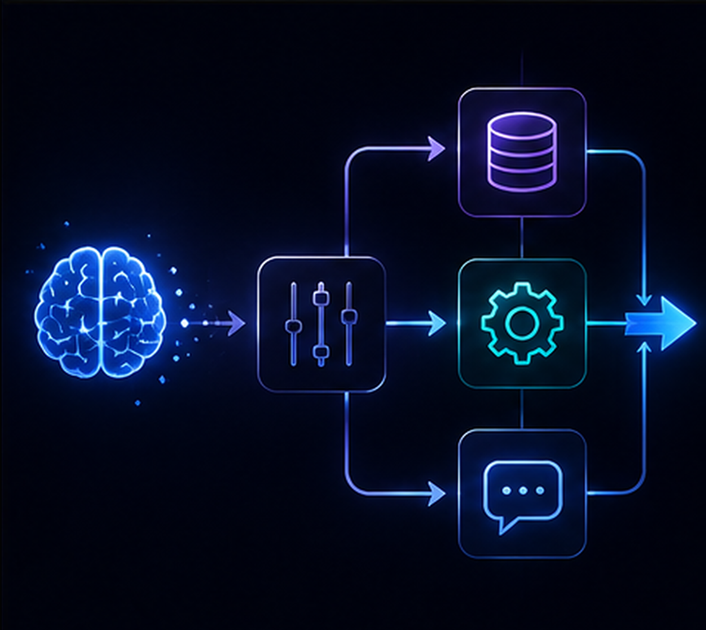 Internal state flowing through memory selection, processing controls, and response generation.
