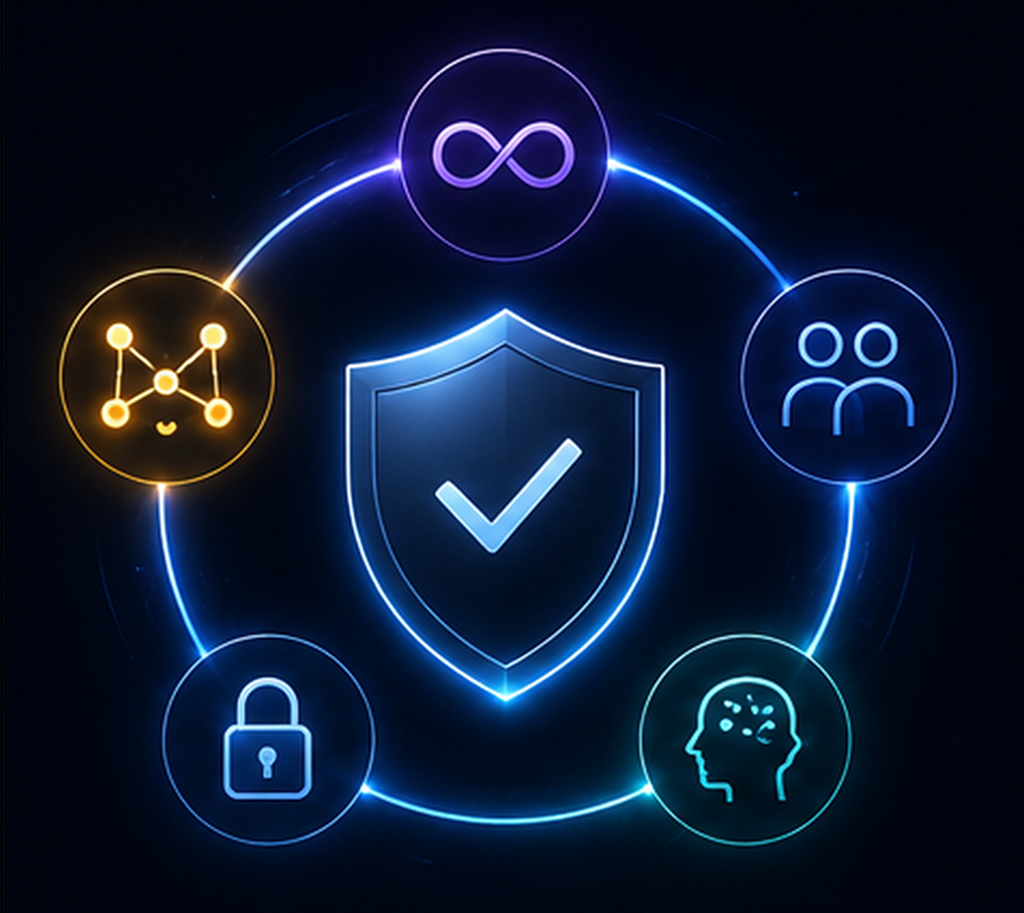 Auditable engineering foundation surrounded by symbols for continuity, cognition, relationships, safety, and consciousness research.