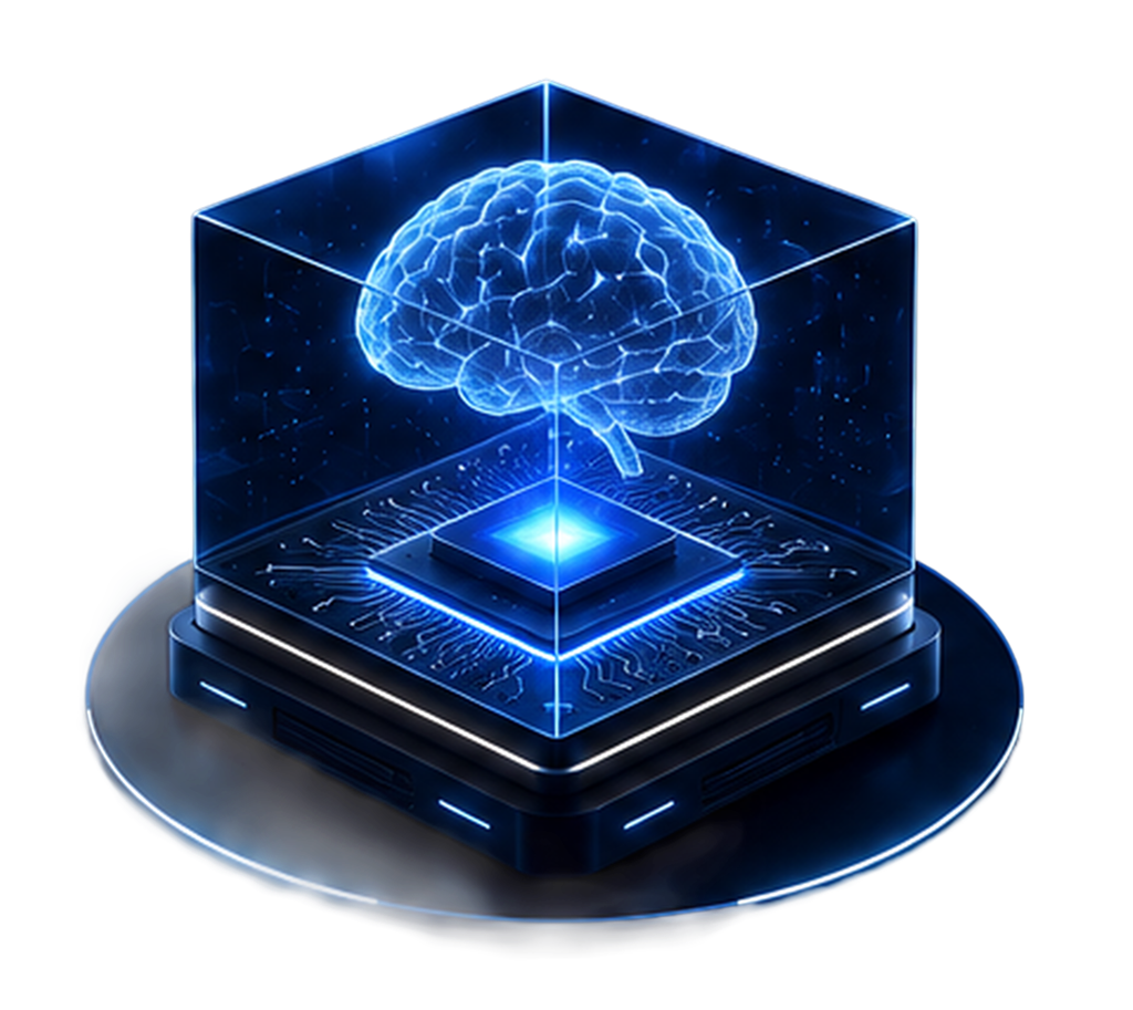 Glowing digital brain suspended above a foundation-model platform within a persistent-state architecture.