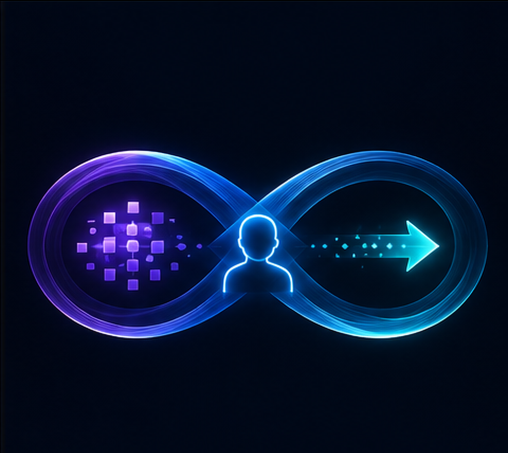 Infinity-shaped flow connecting stored memory, a central self-model, and continued state across time.