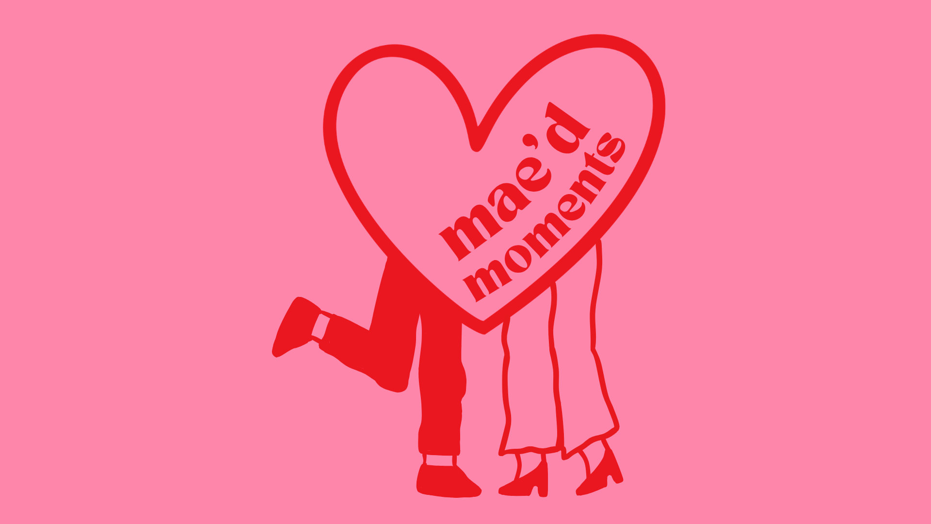 Illustration of a person jumping and hugging a large heart-shaped sign that reads 'made a moment' on a pink background.