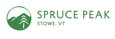 The logo features a green circle with stylized mountain peaks inside, and the text 'SPRUCE PEAK' with 'STOWE, VT' beneath it.