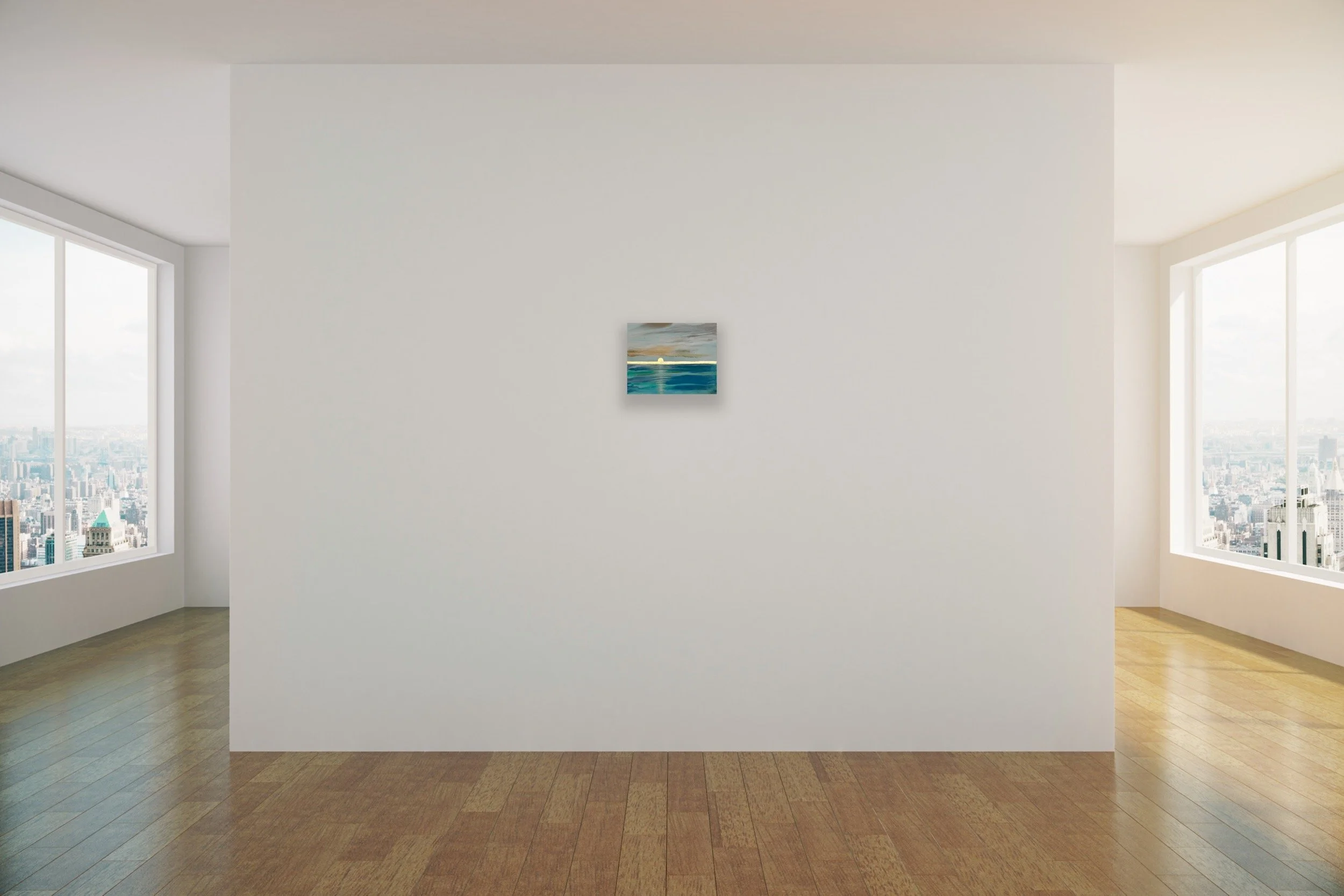 Coastal landscape in blue, turquoise and teal colors with a gold horizon line. Small size.