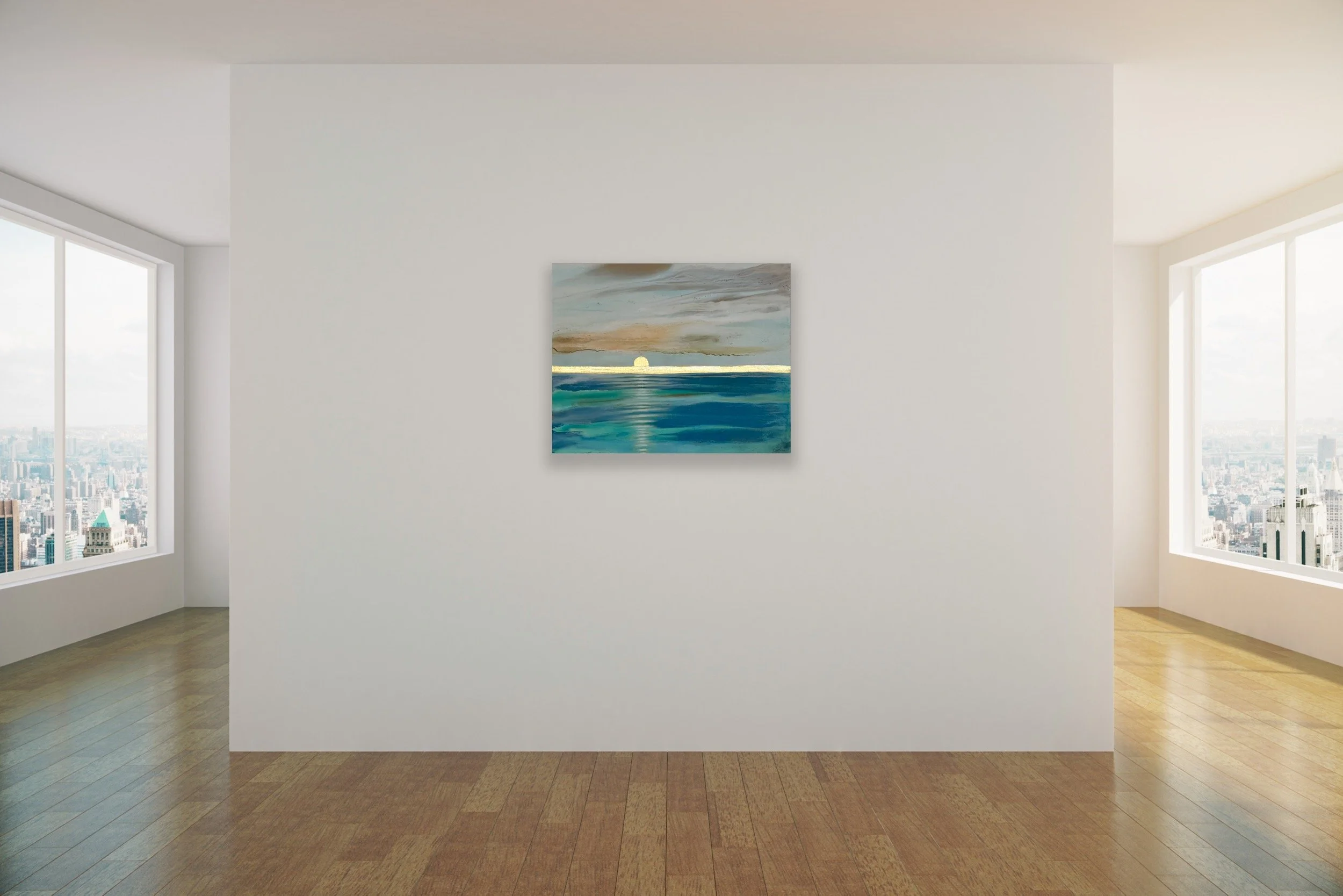 Coastal landscape in blue, turquoise and teal colors with a gold horizon line. Big Size.