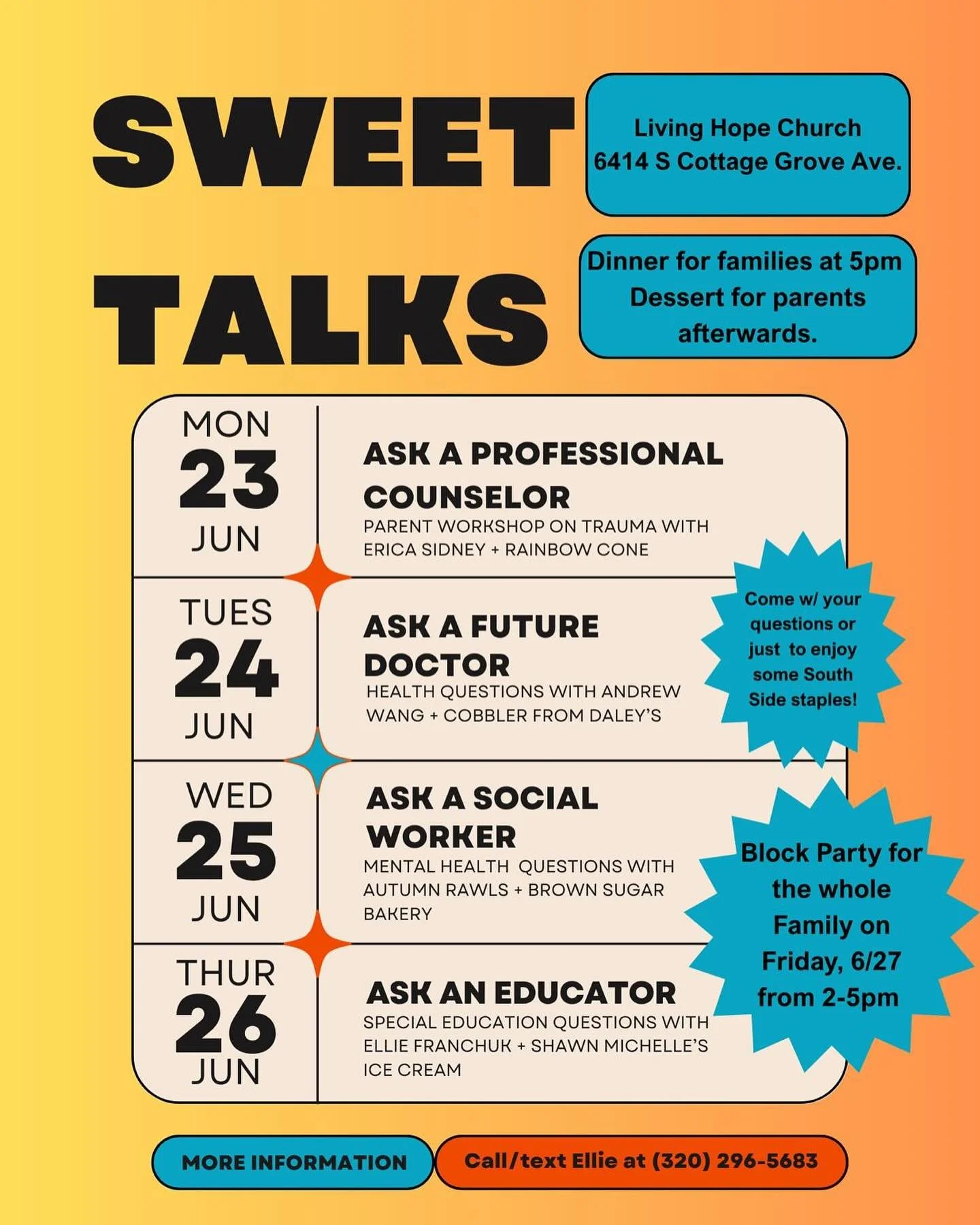 What a sweet opportunity- casual low pressure advice and sweet treats! Parents, come on out!