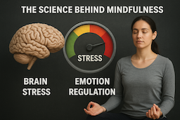 Meditation For Stress and Anxiety Meditation For Stress and Anxiety, Diagram showing the science behind mindfulness with a brain labeled 'brain stress,' a stress meter indicating high stress levels, and a woman meditating with her eyes closed.