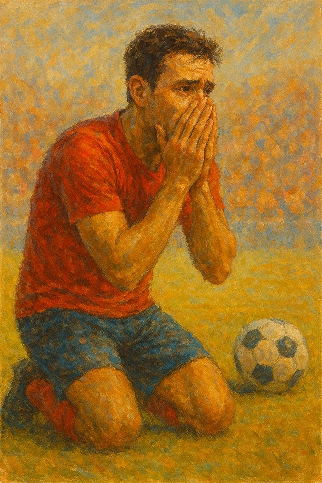 sports performance anxiety, A painting of a young man kneeling on the ground, covering his mouth and nose with his hands, with a soccer ball nearby. Suffering from a sports performance anxiety moment.