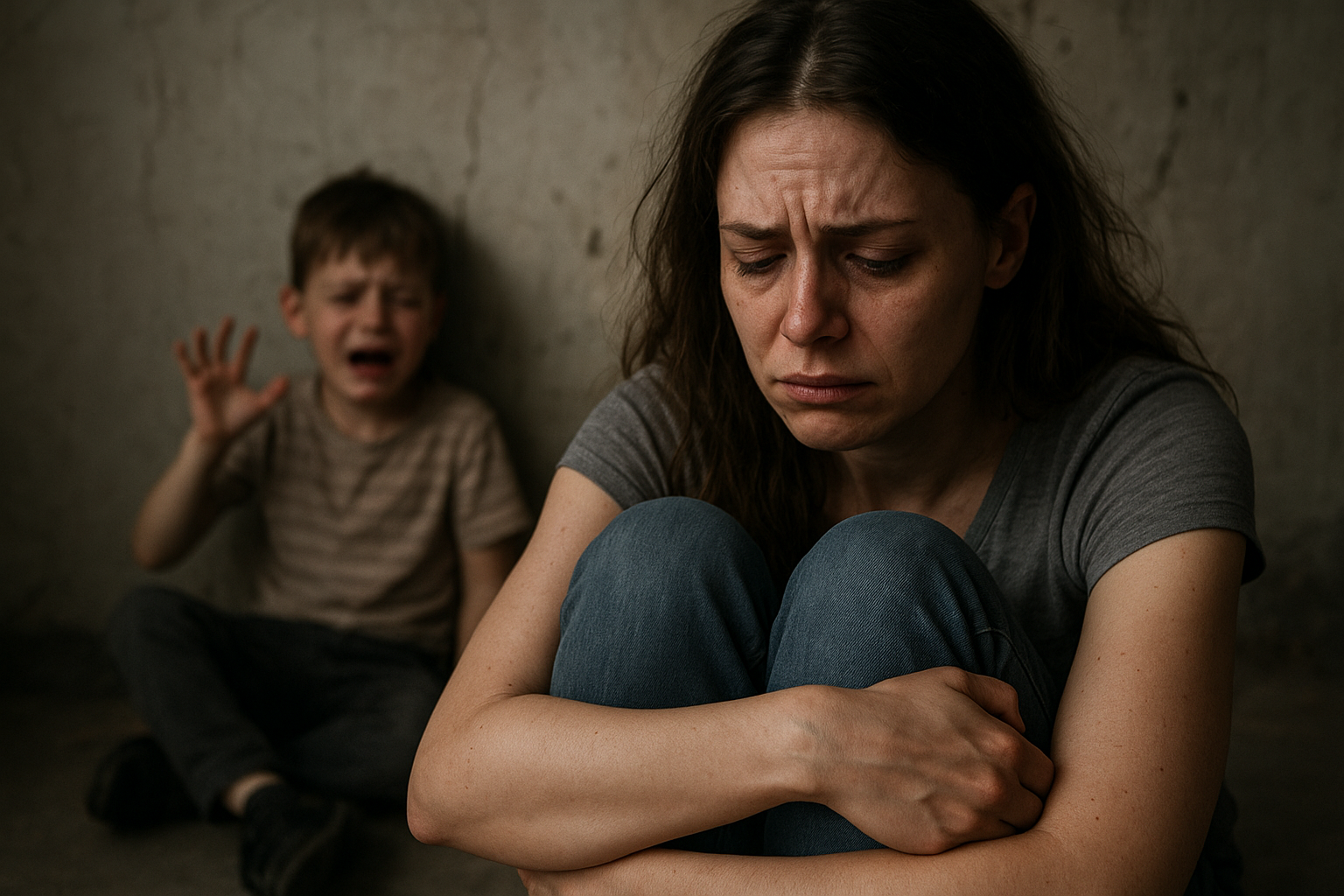 woman How To Diagnose PTSD and Treatment, ex. woman on the floor with a distressed expression, hugging her knees, while a crying child in the background reaches out with his hand.