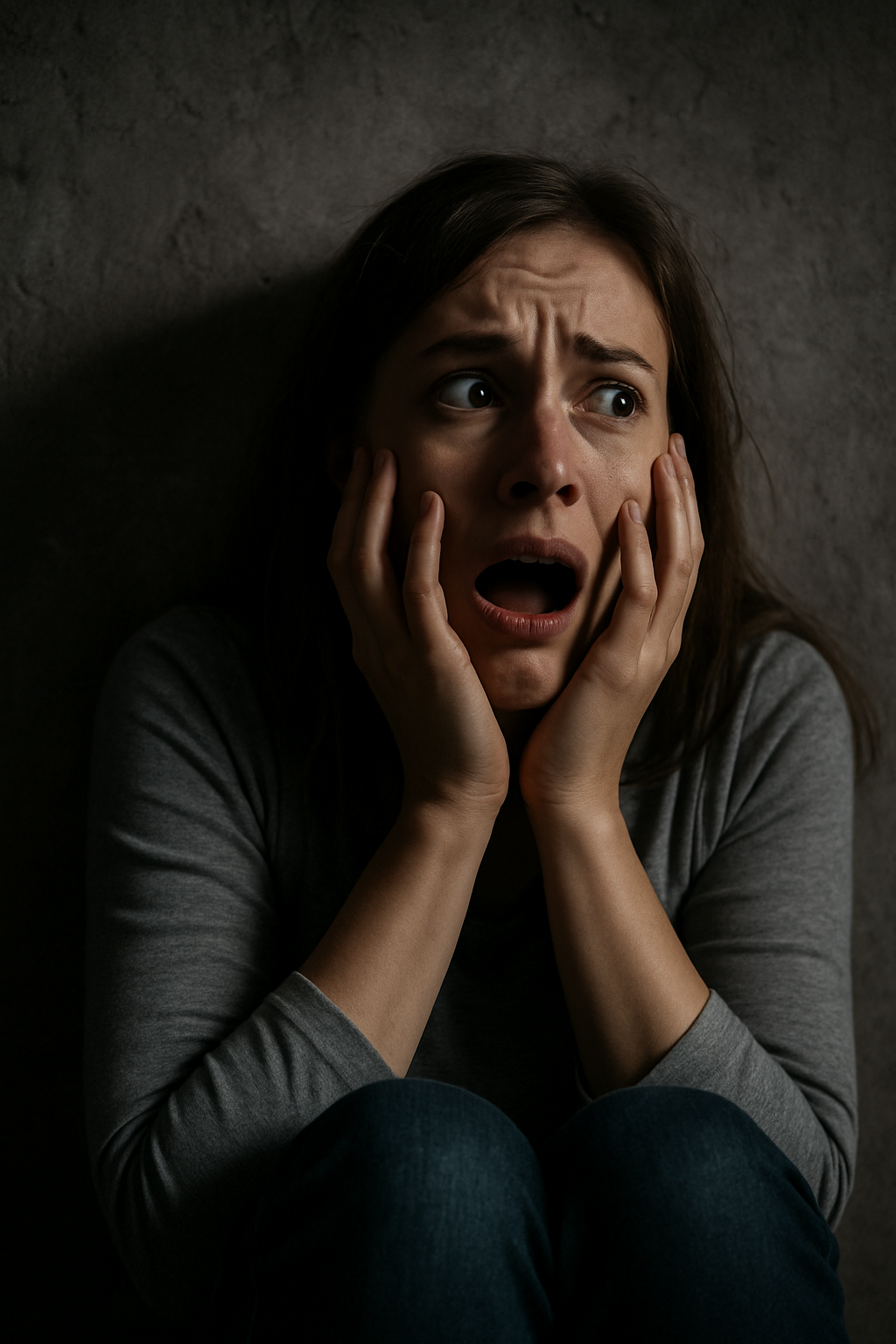 Counseling for fears and phobias, Woman with a distressed expression, hands on her face, against a dark background.