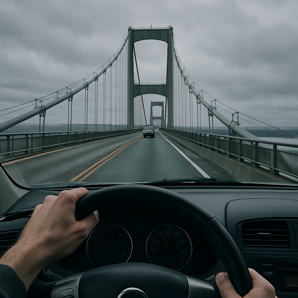 counseling for fears and phobias, View from inside a car driving across a bridge with large suspension towers and cables, over a cloudy sky.