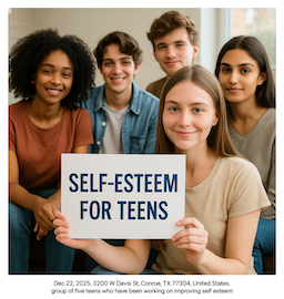 self esteem and confidence, Conroe Tx Group of five teenagers holding a sign that says 'Self-Esteem for Teens' in a bright room.